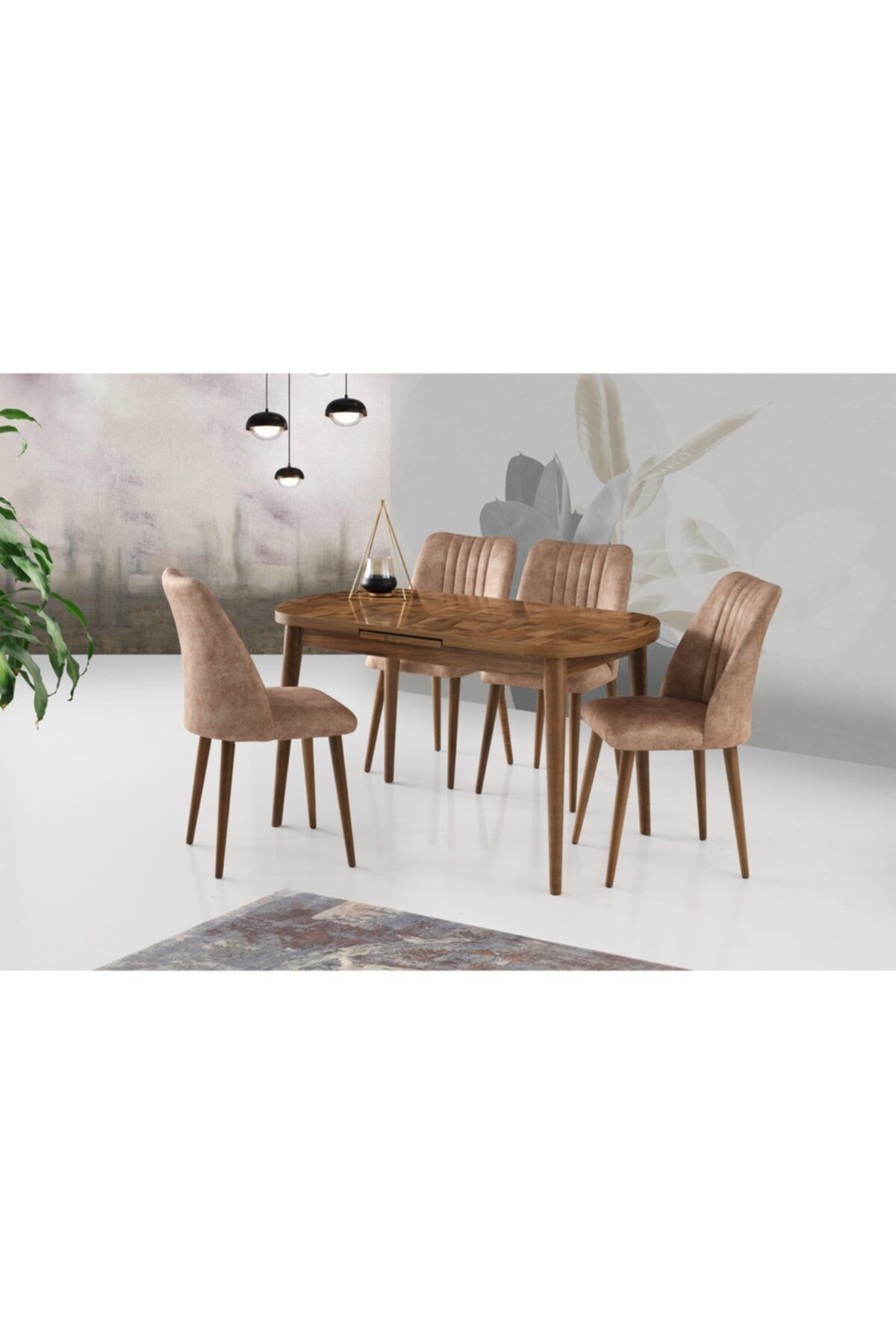 Evistro Ortadan Açılır Ahşap Salon Yemek Masası Oval Parke Desen + 6 Kahve Sandalye Takım
