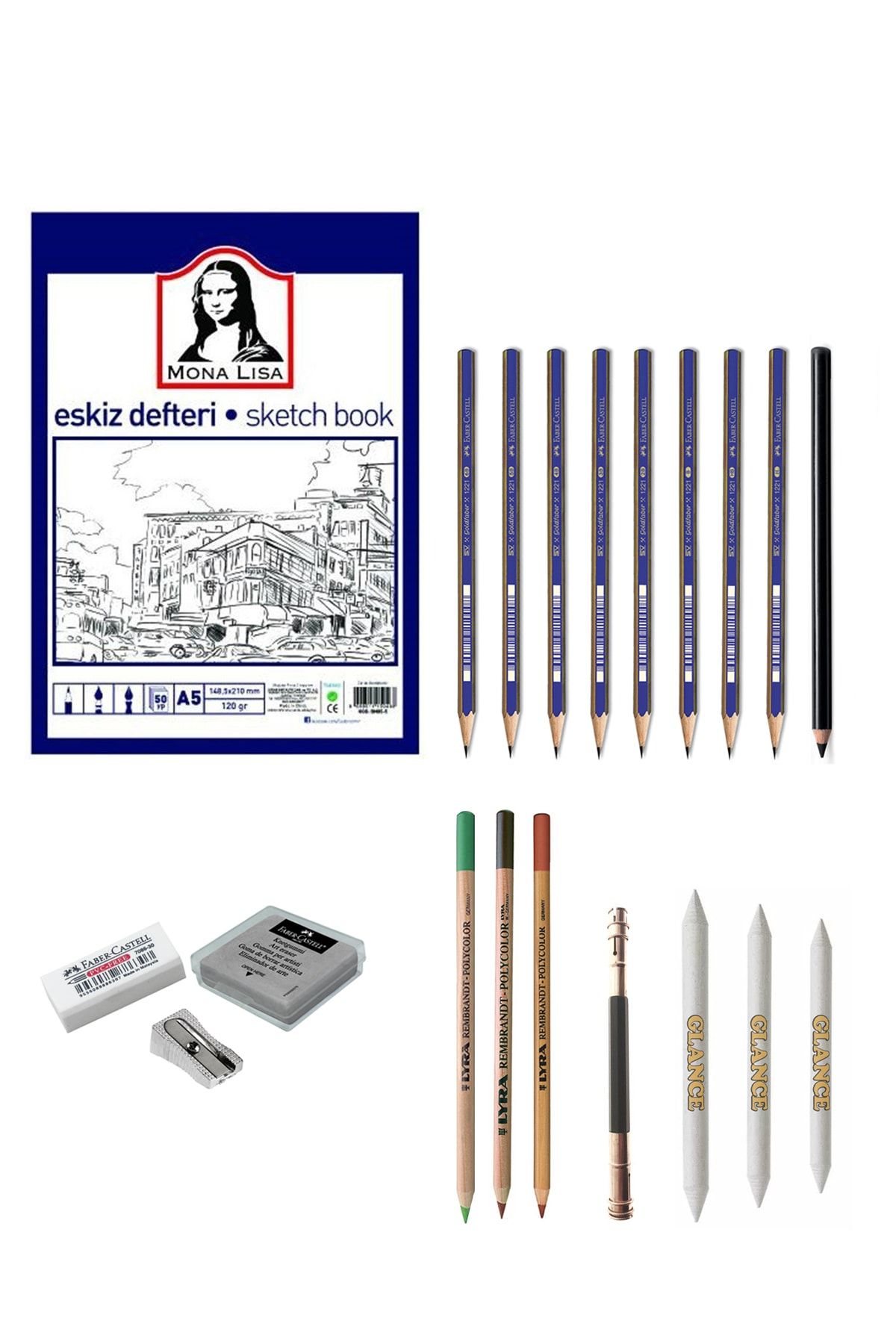 GLANCE Faber 1221 Eskiz Defterli Karakalem Ve Kuruboya Kalemi Çizim Eskiz Seti Kömür Kalem, Pastel Dağıtıcı