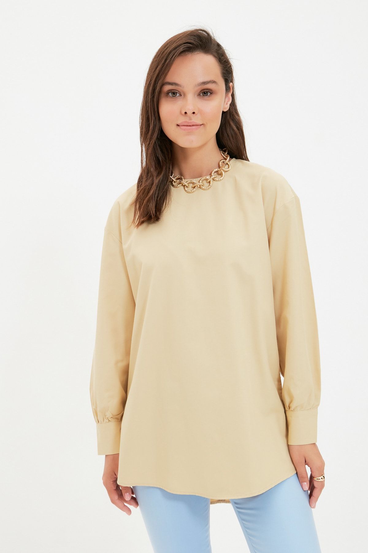 Trendyol Modest Bej Bisiklet Yaka Tunik TCTAW22UK0144