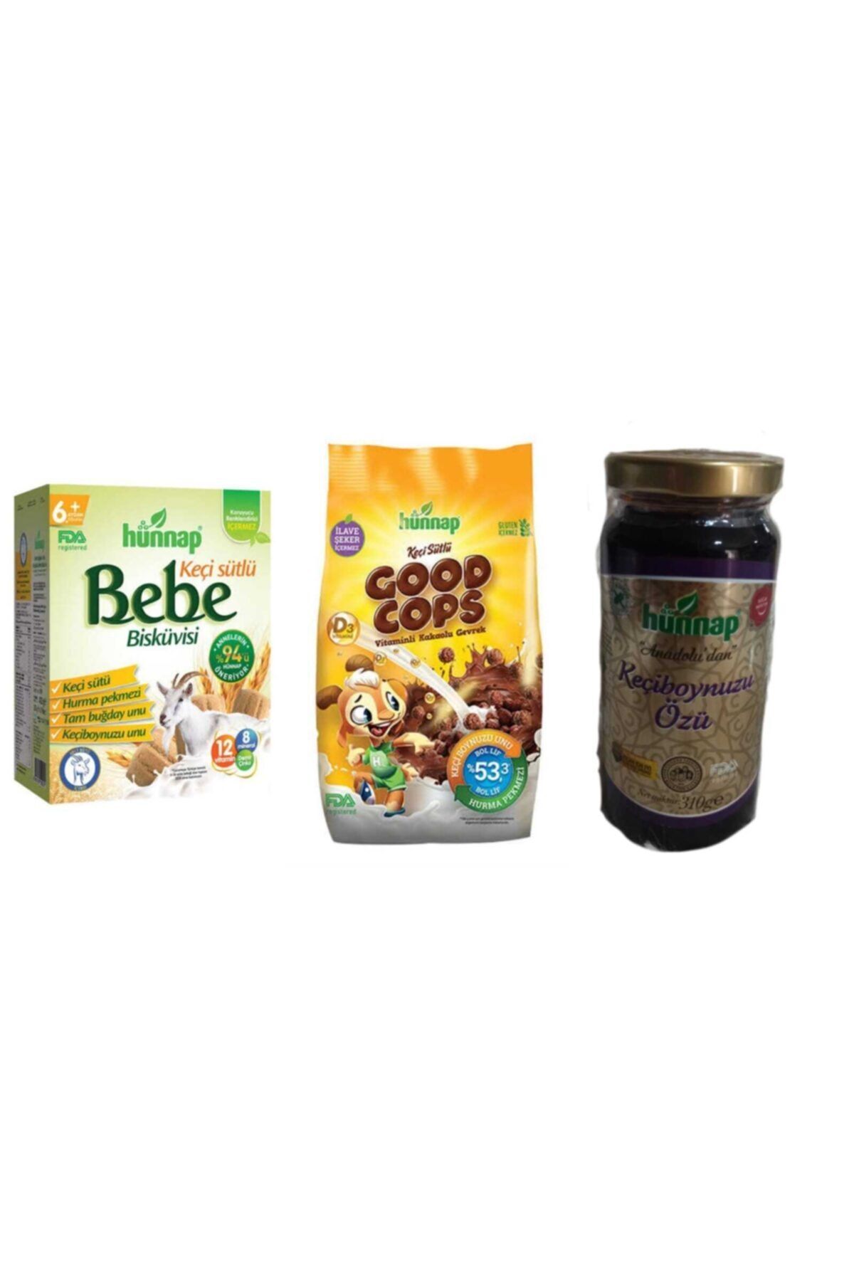 Hünnap Keçi Sütlü Bebek Büsküvisi 400 gr + Keçiboynuzu Özü 310gr + Keçi Sütlü Goodcoops 300 gr