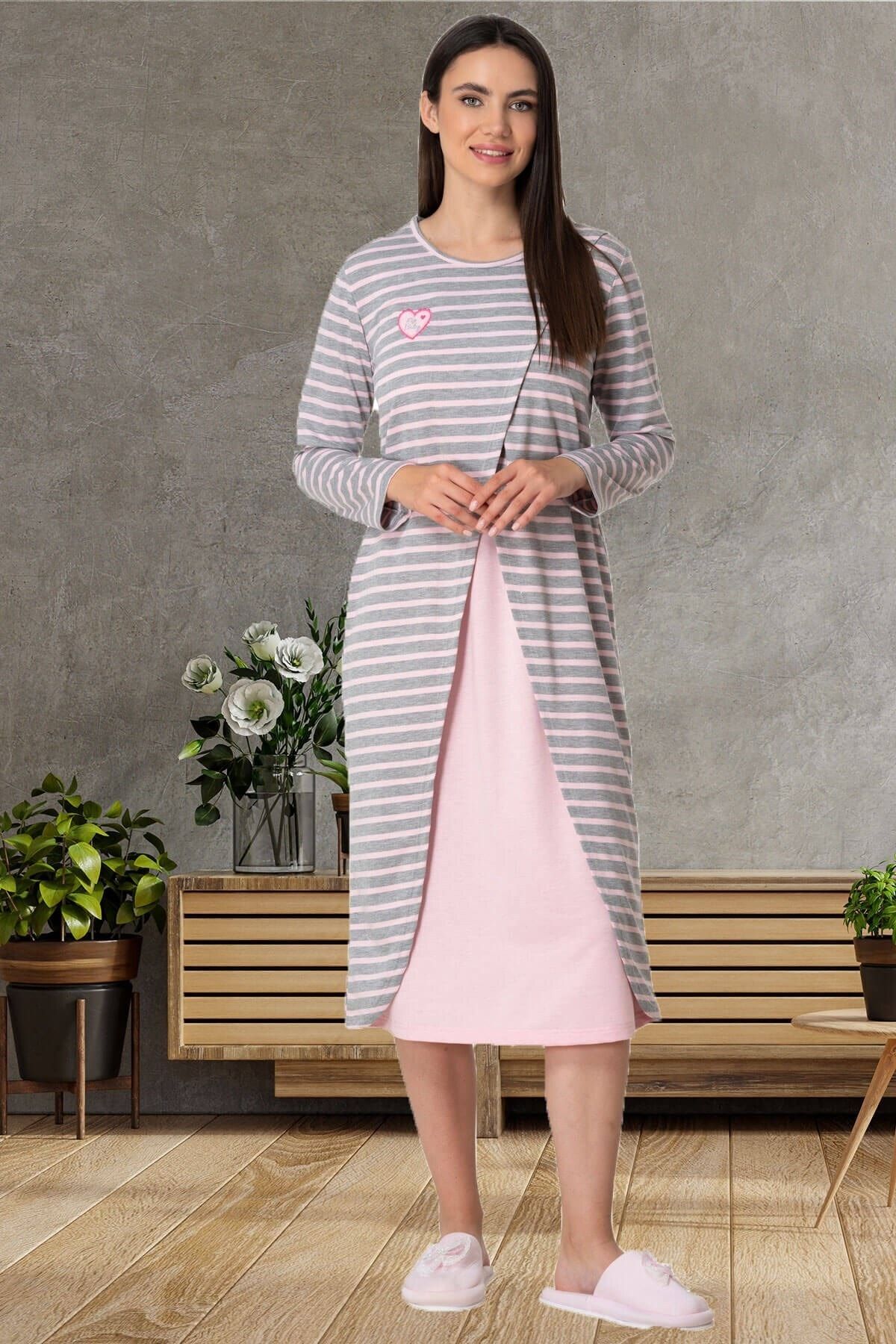 Mecit Pijama Mecit 5534 Pembe Çizgili Emzirme Özellikli Lohusa Gecelik