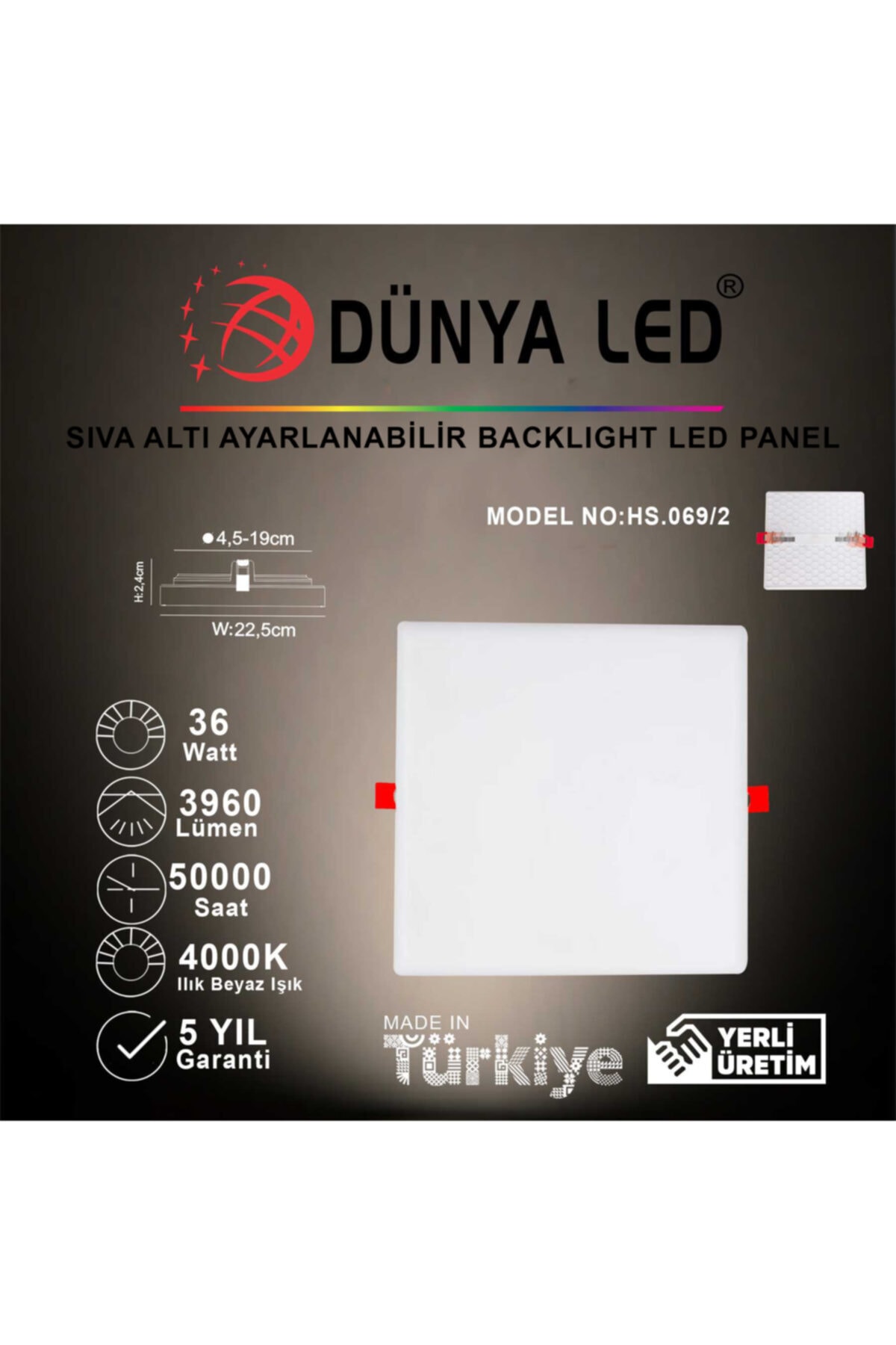DÜNYA LED Hs.069/2 36w Sıva Altı Led Panel 4000k Ilık Beyaz Işık Kare