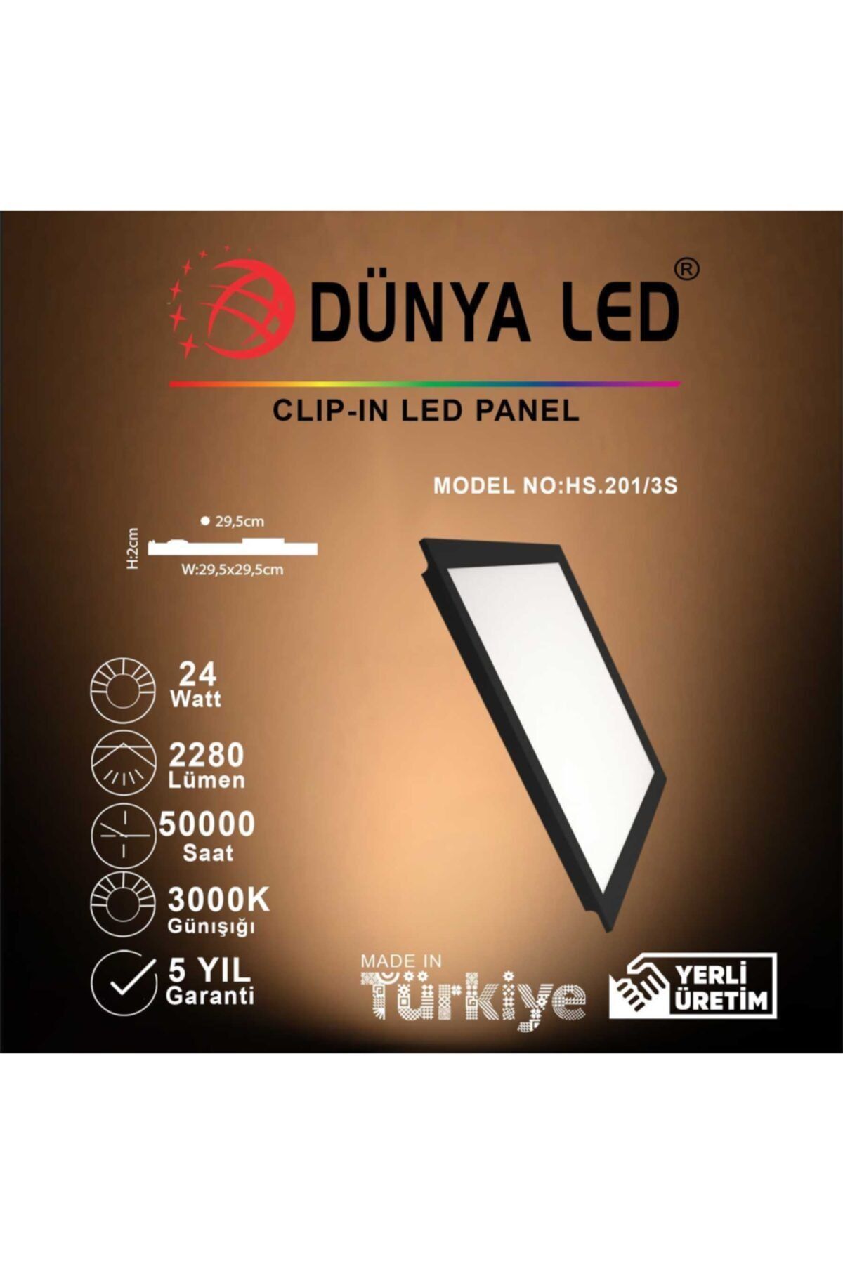 DÜNYA LED Hs.201/3s 24w 30x30 Clıp-ın Led Panel 3000k Günışığı Siyah