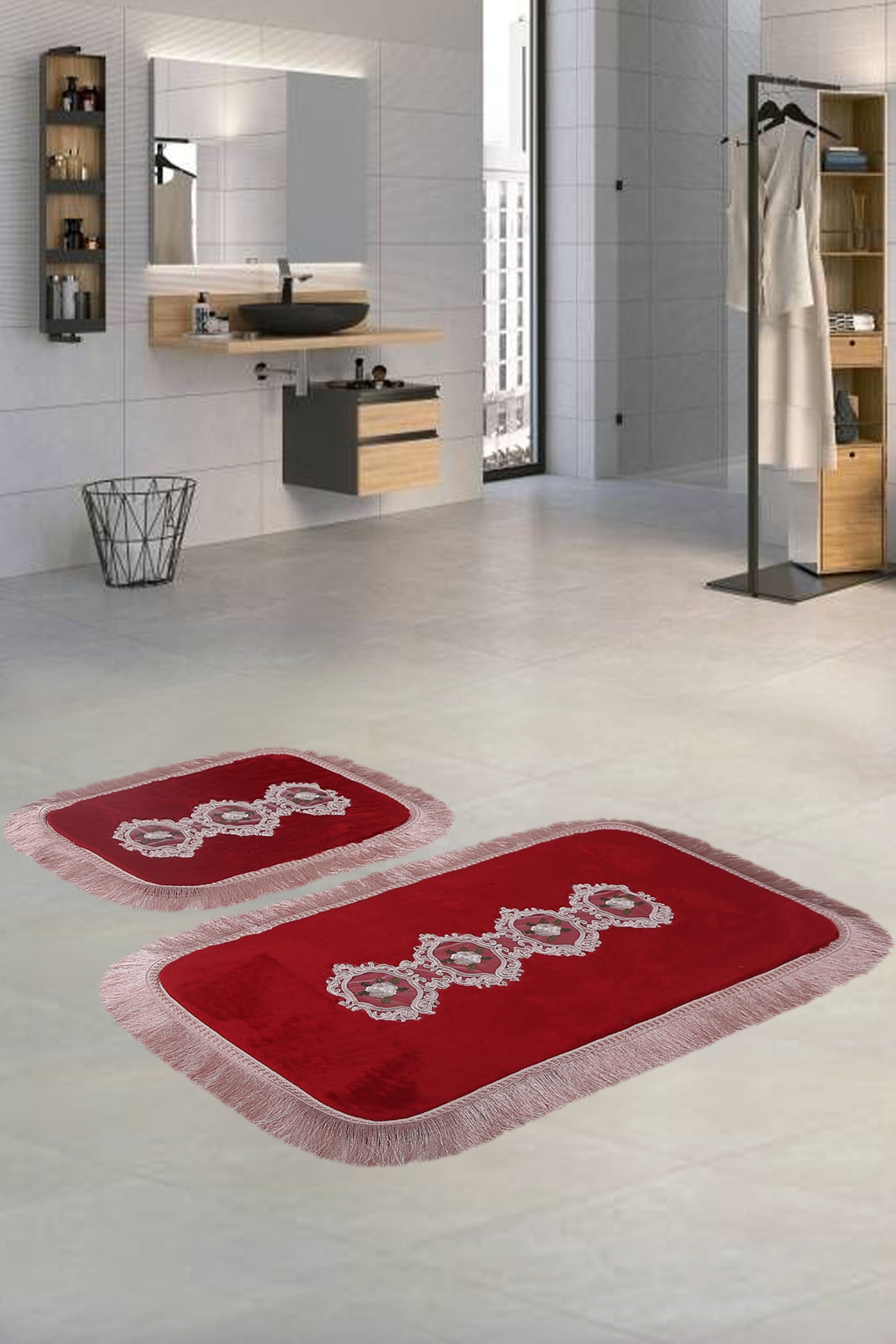 Bonnie home Bonny Home Shems Köşeli Bordo 2'li Banyo Paspası Seti Kaymaz Tabanlı Çeyizlik Dantelli Klozet Takımı