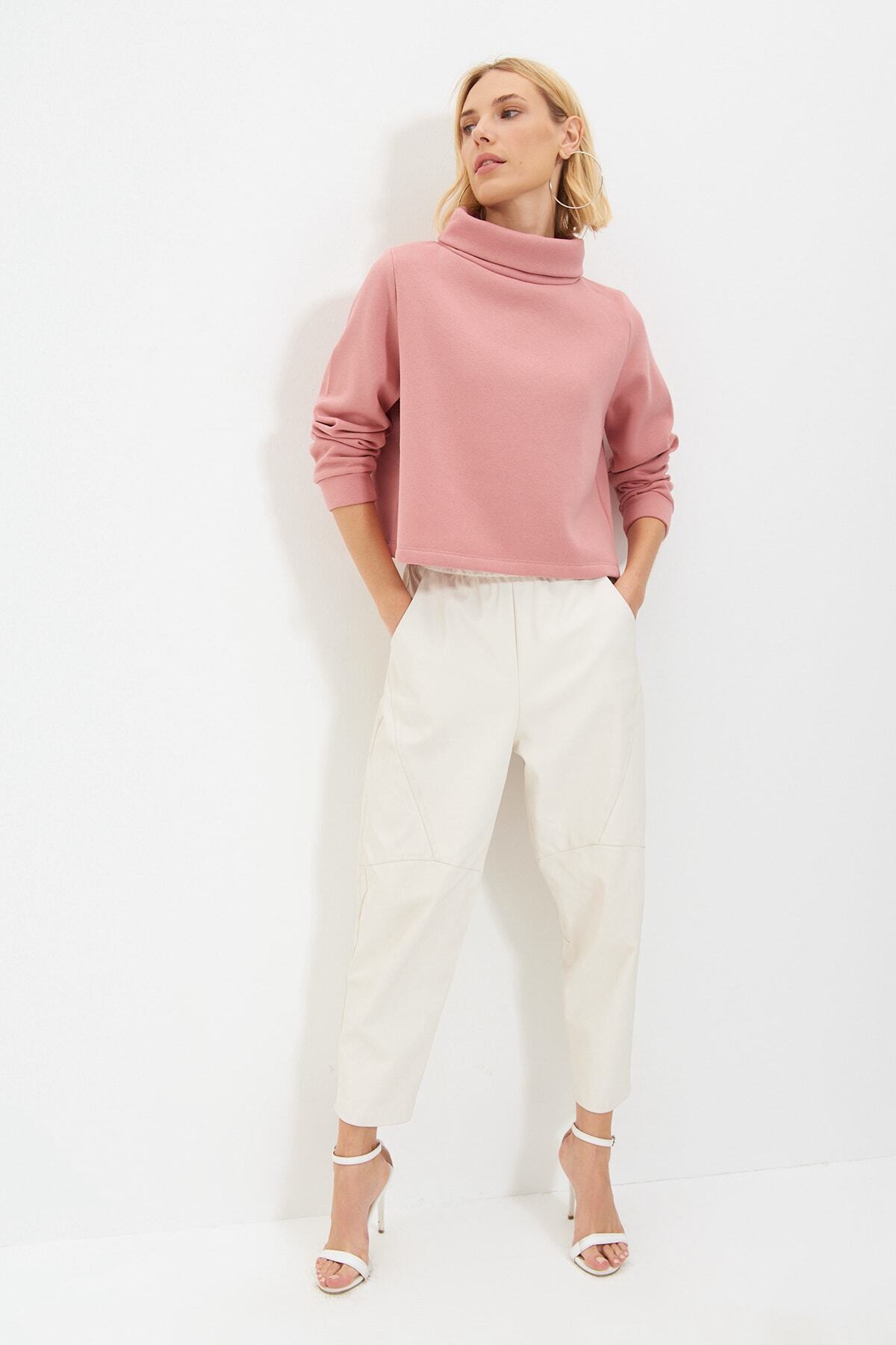 TRENDYOLMİLLA Gül Kurusu Balıkçı Yaka Basic Şardonlu Örme Sweatshirt TWOAW22SW0446