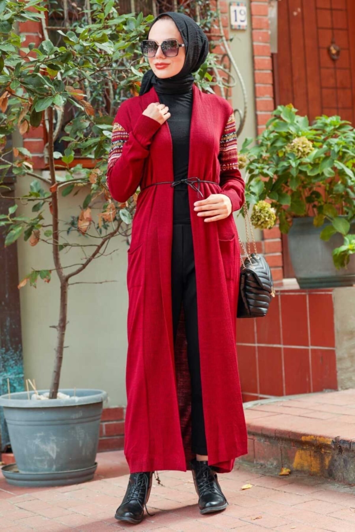 Neva Style - Kolları Desenli Bordo Tesettür Triko Hırka 15725br