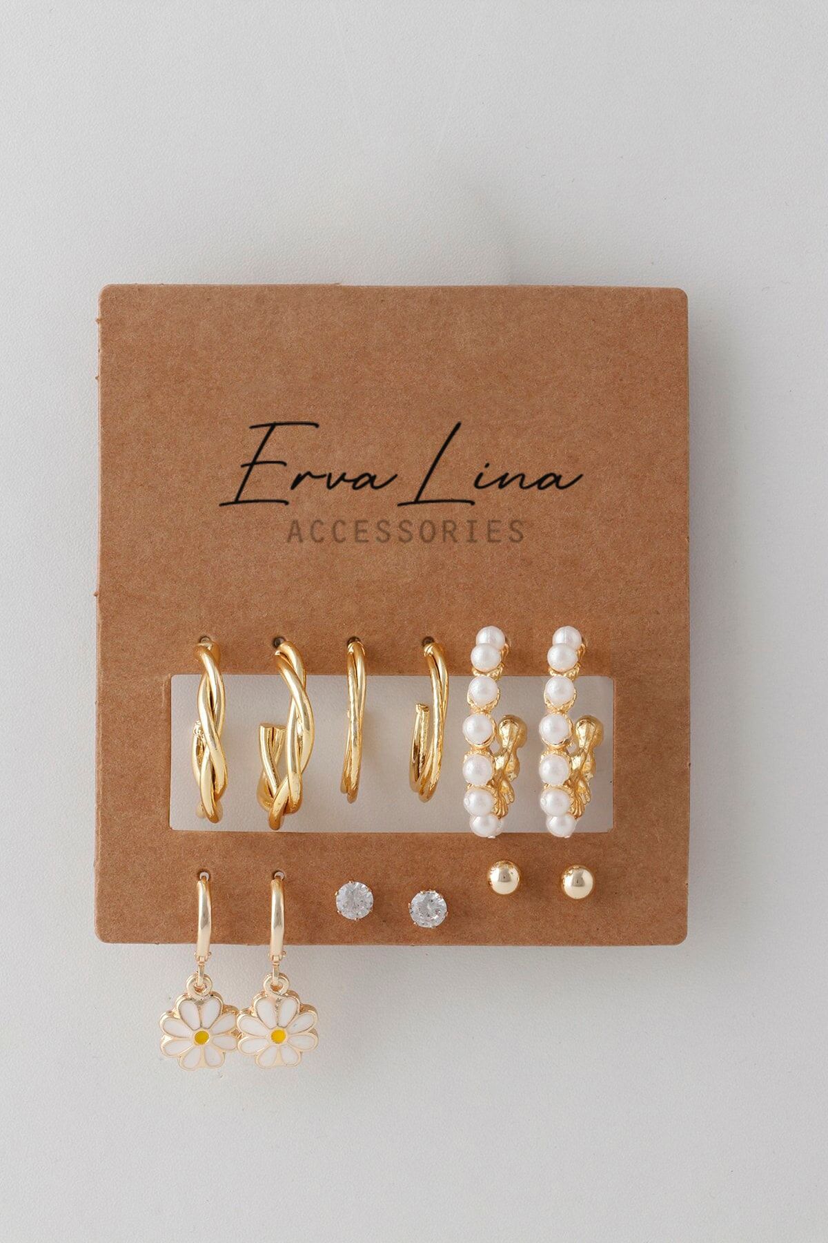 Ervalina Papatya ve Inci Figürlü Kombin Küpe Set 002