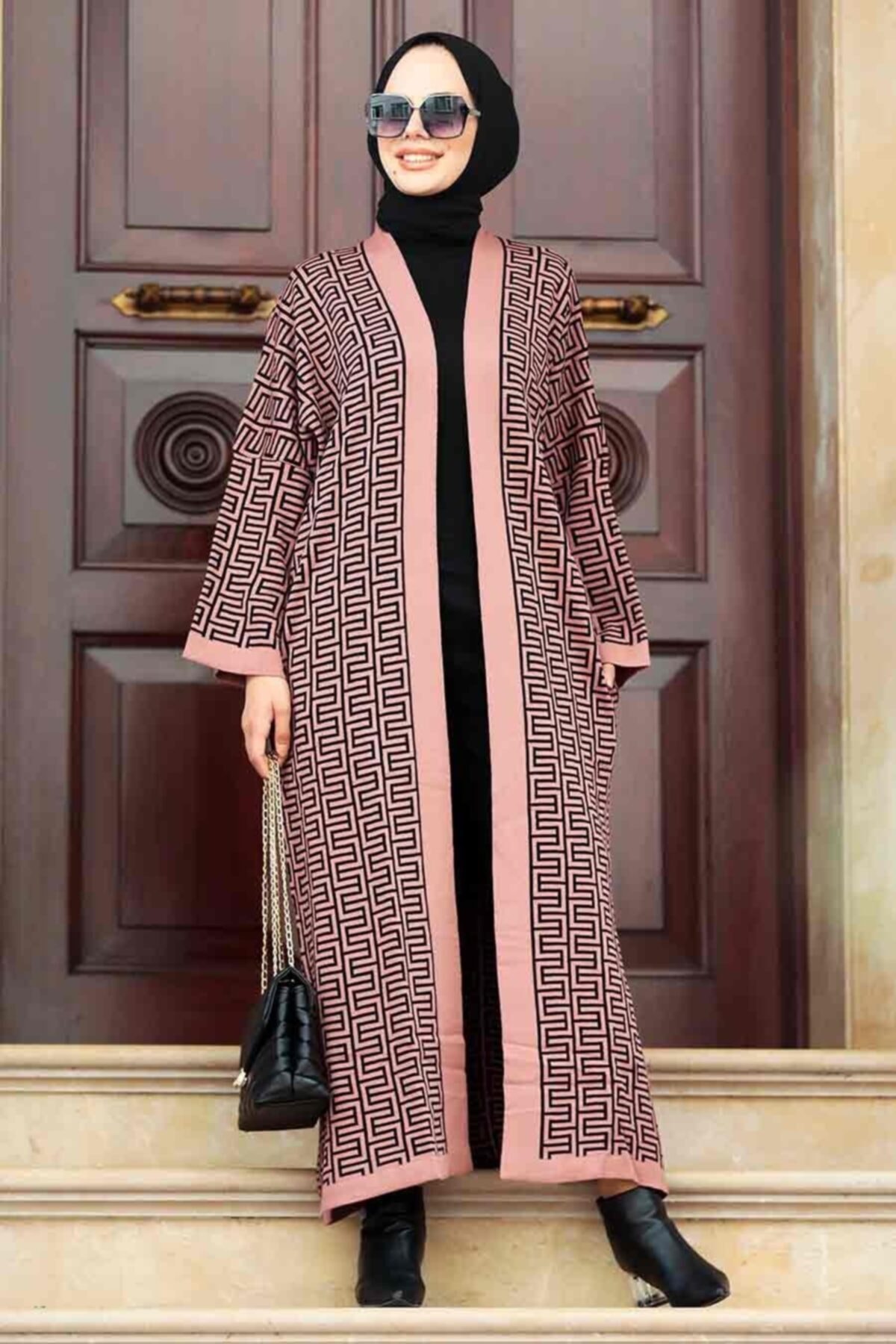 Neva Style - Desenli Gül Kurusu Tesettür Triko Hırka 3032gk