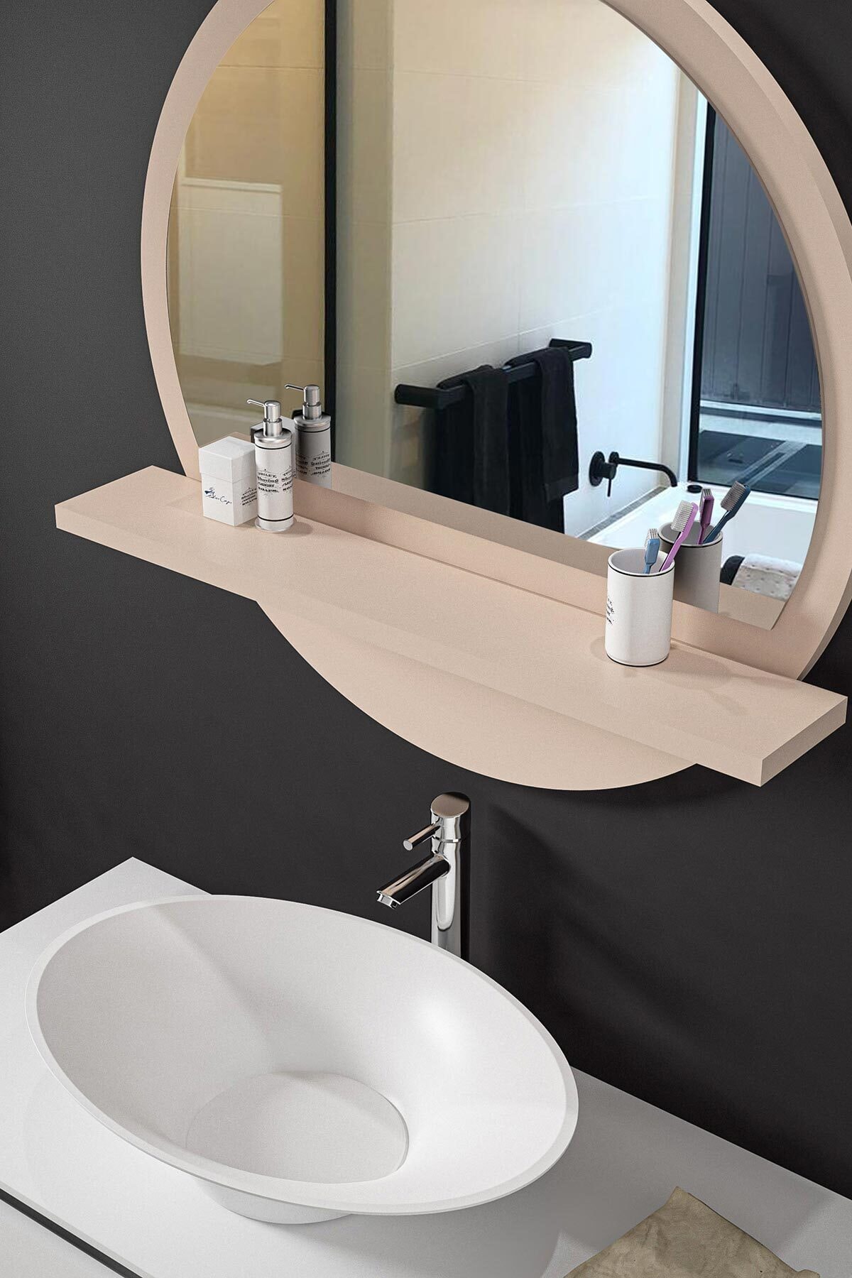 bluecape Yuvarlak Raflı Ayna 60cm Cappucino Dresuar Hol Koridor Salon Banyo Wc Ofis Çocuk Yatak Odası Boy