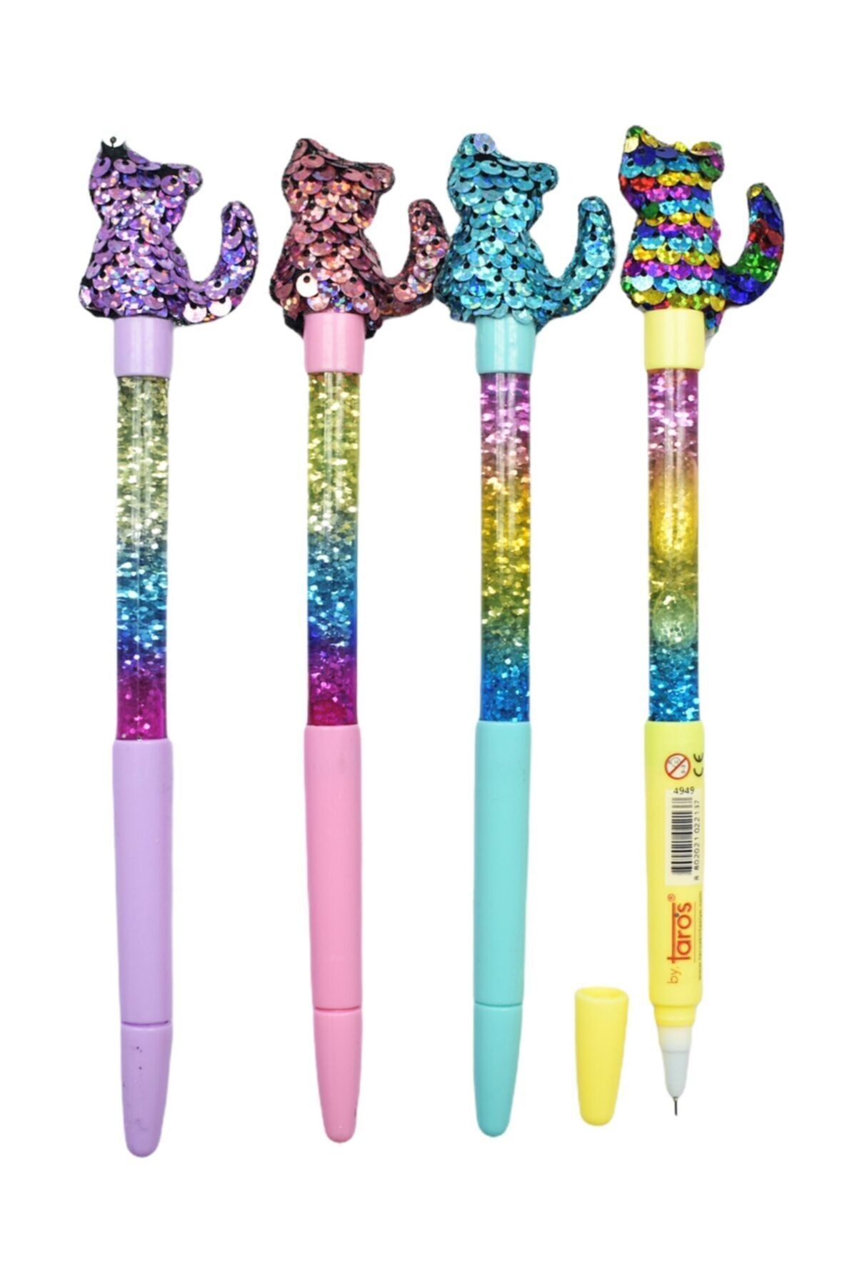 Taros Unıck Color Üzeri Pullu Kedi Jel Kalem 4'lü Set