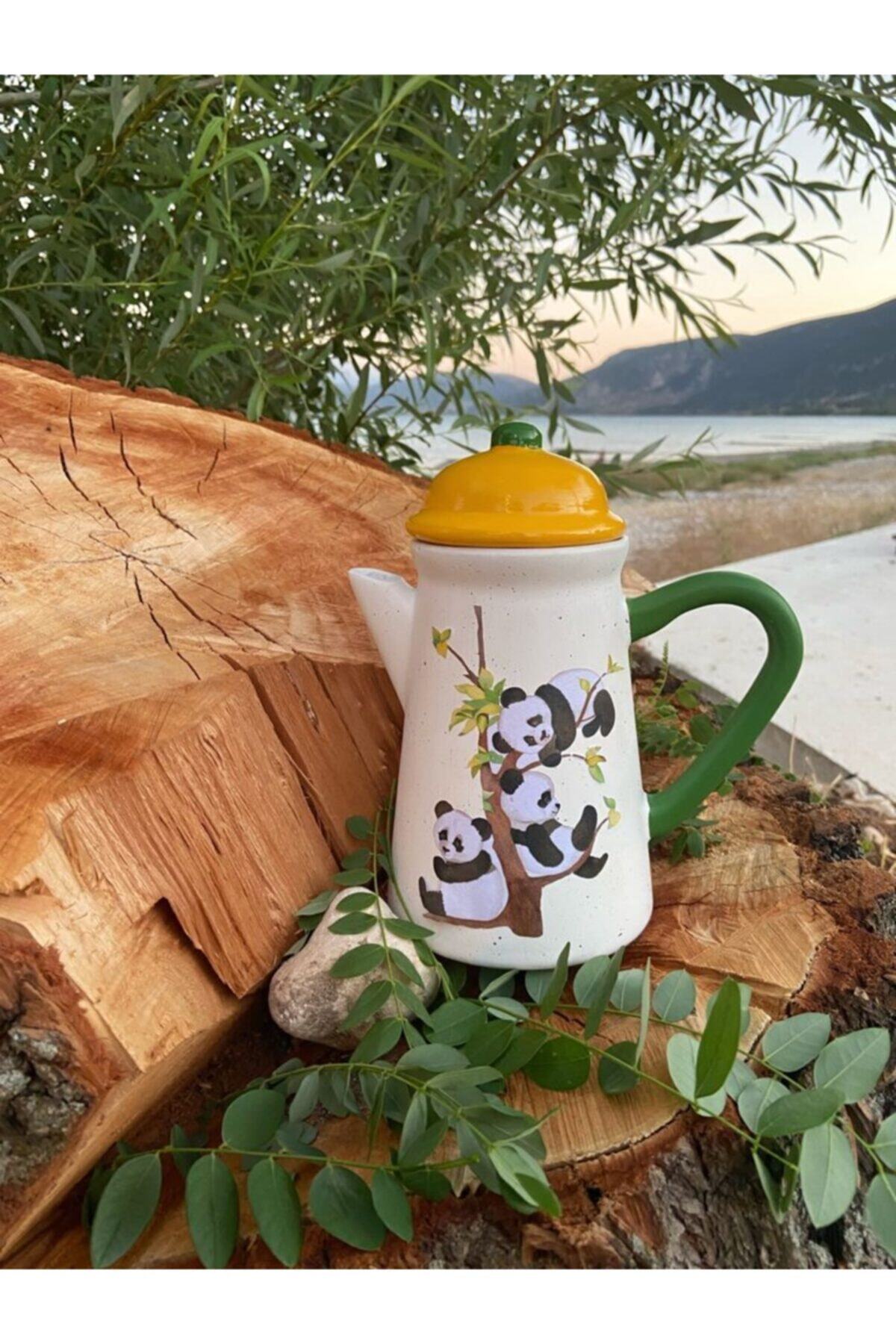 Handmadesign Kapaklı El Yapımı Seramik Sürahi Panda Sarı - Yeşil