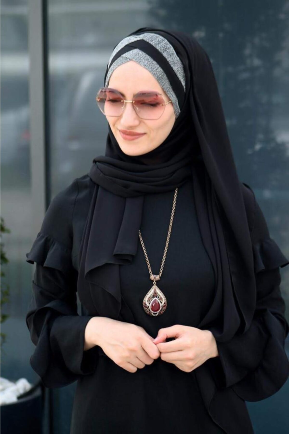 BEÇA HOME Titi Üç Bantlı Şal Siyaha Füme - Özel Tasarım- Yeni Model Tesettür Giyim