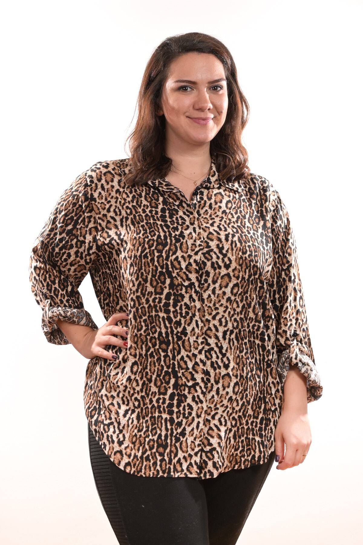 ışıltı fashion Leopar Desenli Büyük Beden Kadın Gömlek