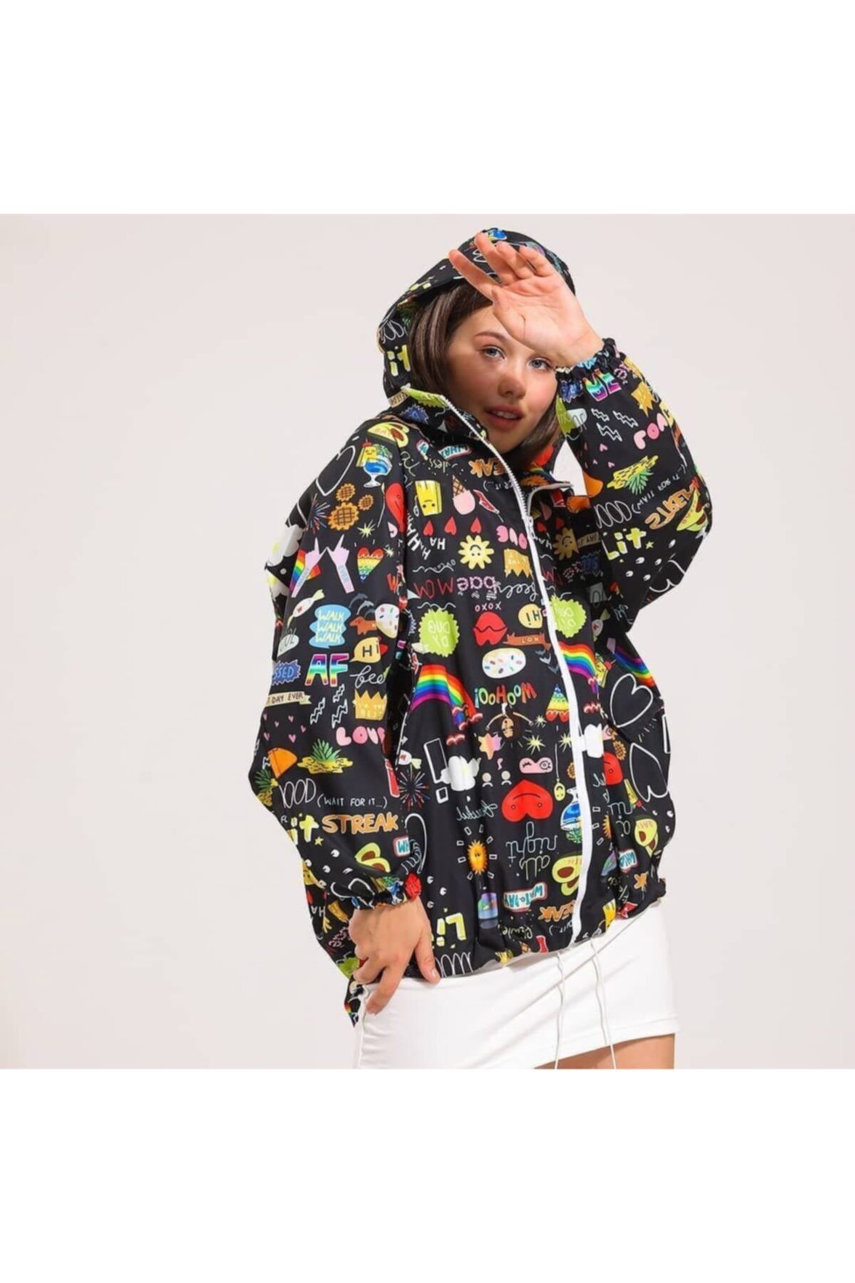 edoseboutique Kadın Oversize Baskılı Kapüşonlu Özel Tasarım Yağmurluk Rüzgarlık Siyah