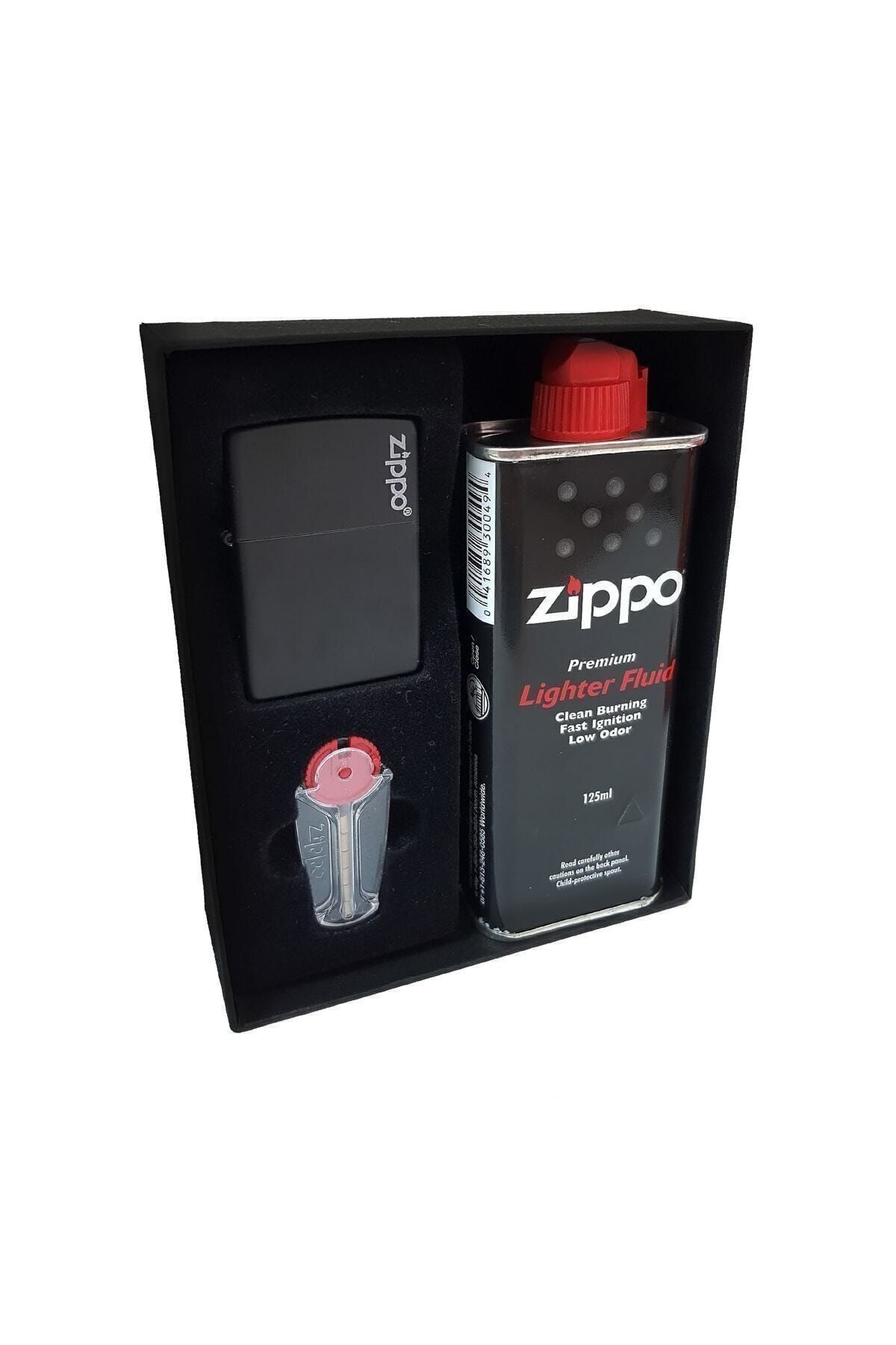 Zippo Çakmak Mat Siyah Hediyelik Kutu Benzin Taş Set Du10sy