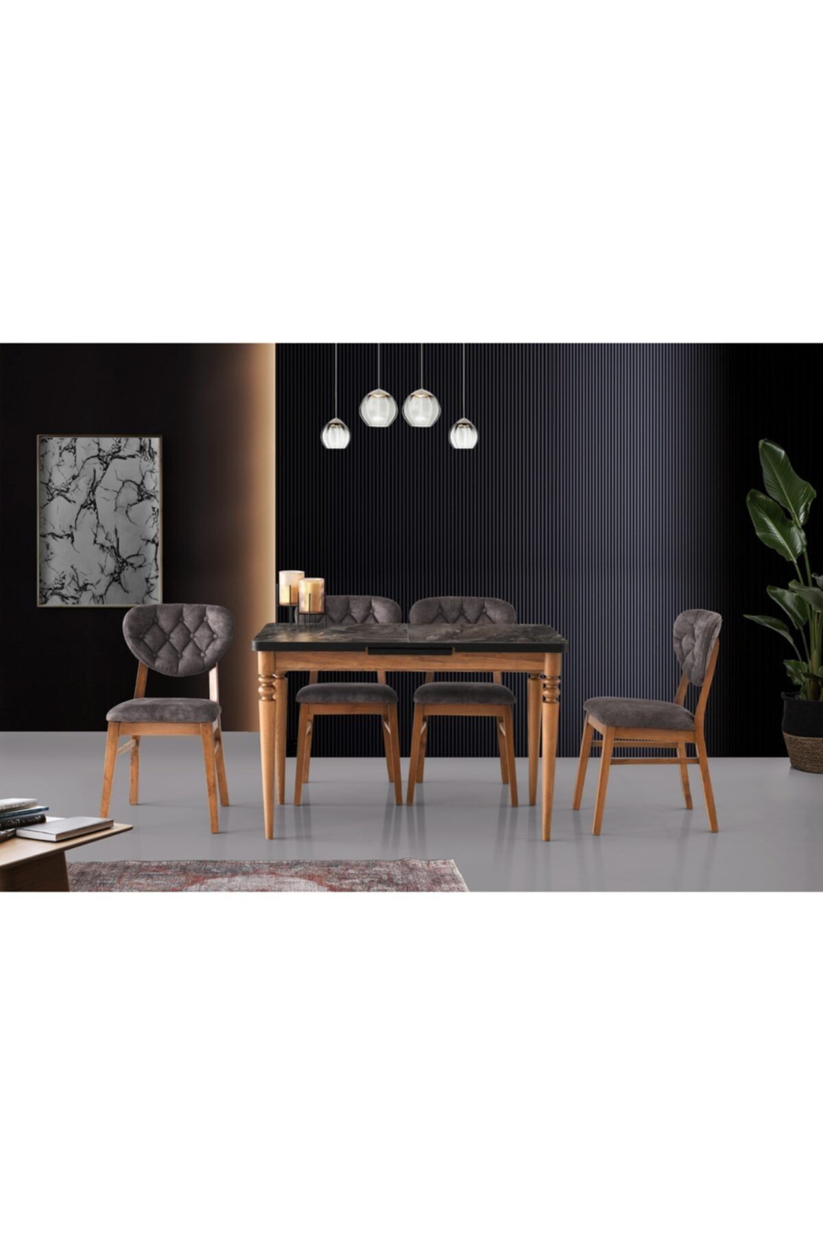 Evistro Ortadan Açılır Ahşap Salon Yemek Masası Ceviz-mermer + 6 Gri Sandalye Takım