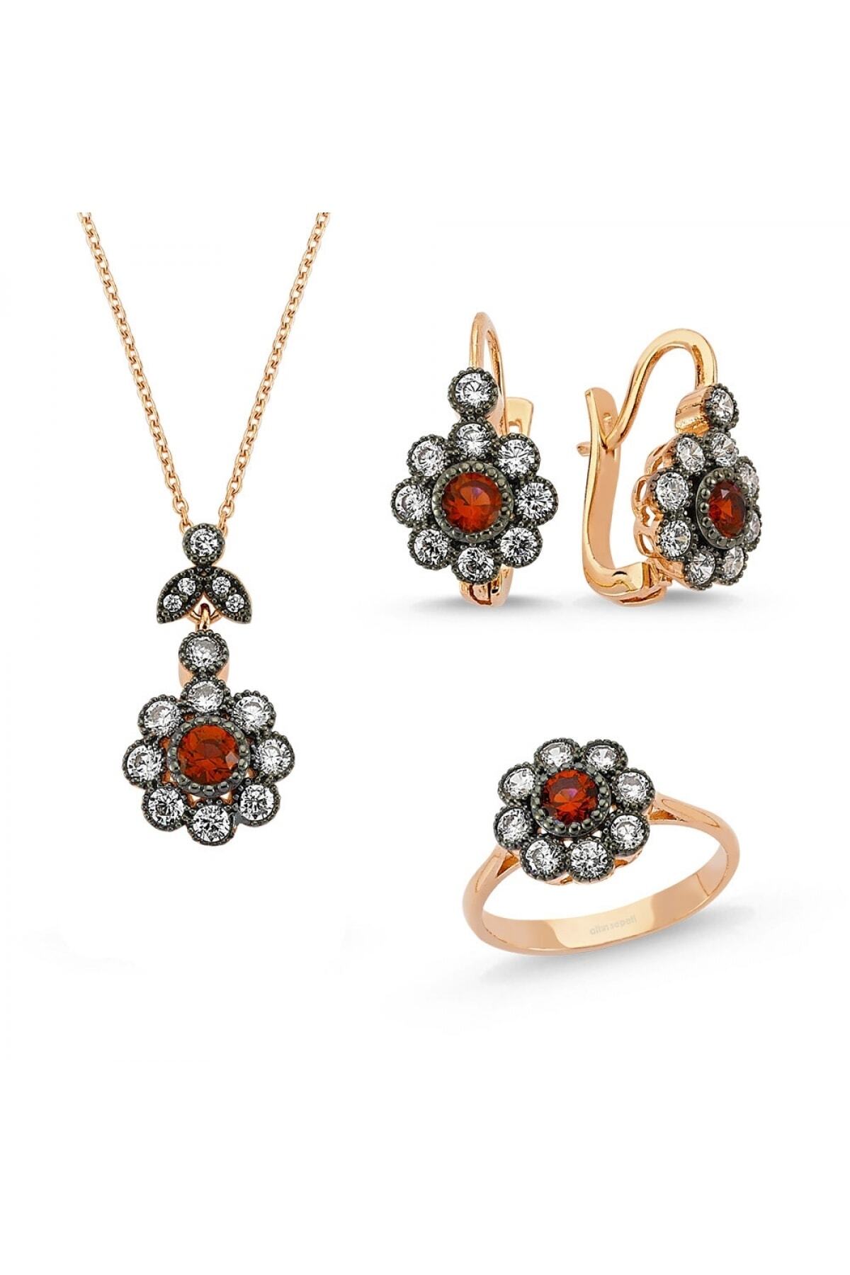 Altın Sepeti Altın Kırmızı Taşlı Gül Modeli Takım