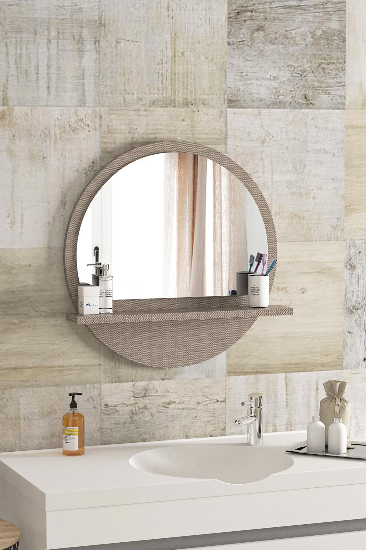 bluecape Yuvarlak Raflı Ayna 45cm Chevron Dresuar Hol Koridor Duvar Salon Banyo Wc Ofis Çocuk Yatak Odası Boy