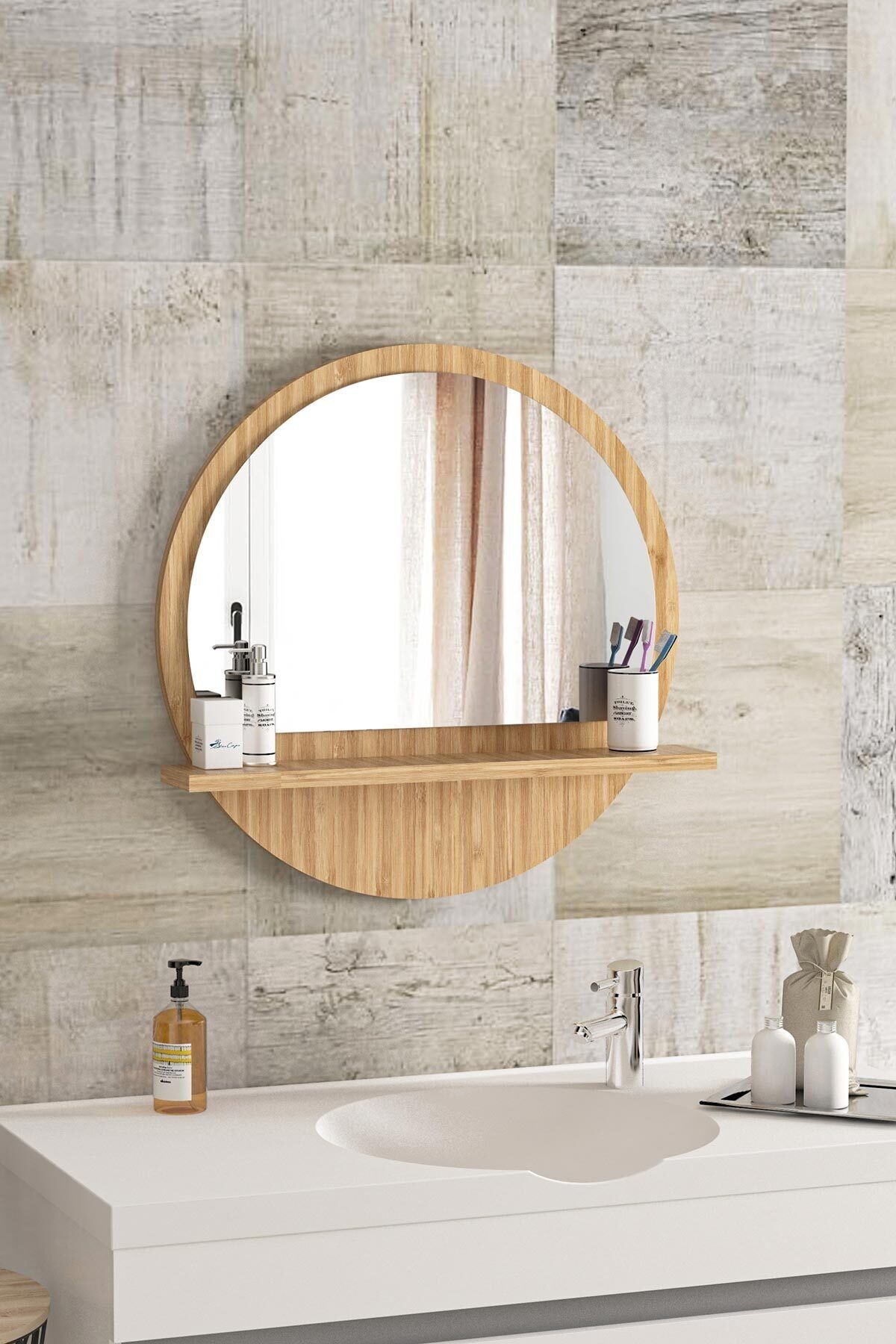 bluecape Yuvarlak Raflı Ayna 45cm Bambu Dresuar Hol Koridor Duvar Salon Banyo Wc Ofis Çocuk Yatak Odası Boy