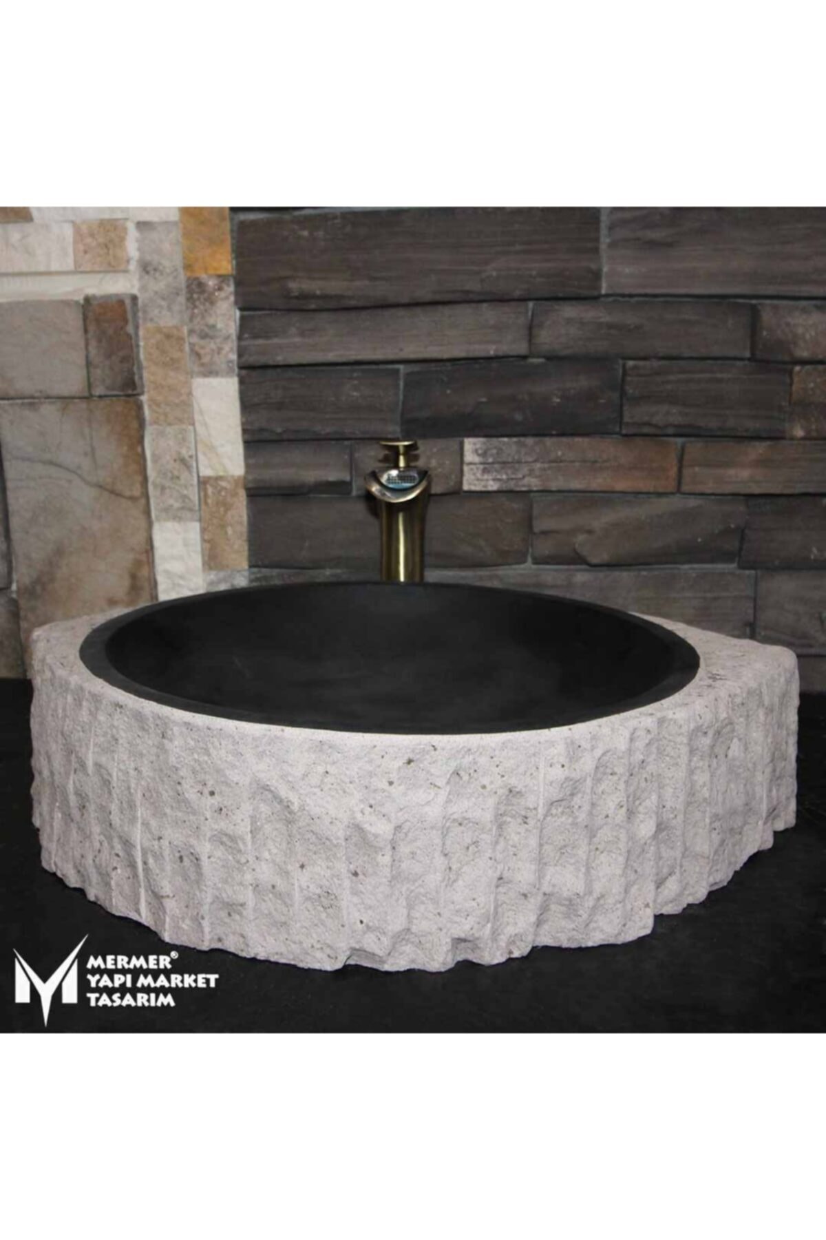 MYM Mermer Yapı Market Tasarım Bazalt Dışı Patlatma Üçgen Kenar Lavabo