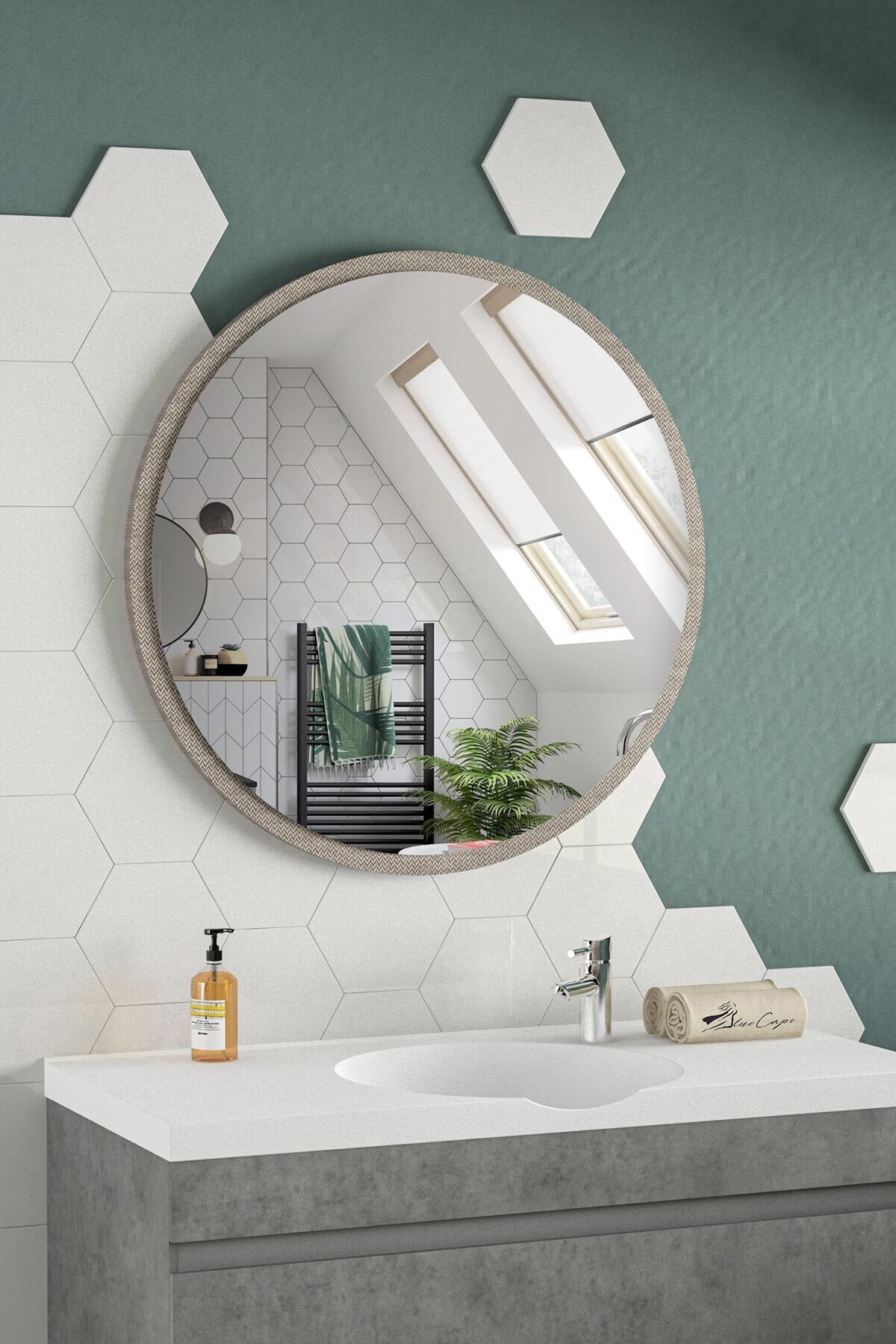bluecape Yuvarlak Ayna 60cm Chevron Dresuar Hol Koridor Duvar Salon Banyo Wc Ofis Çocuk Yatak Odası Boy