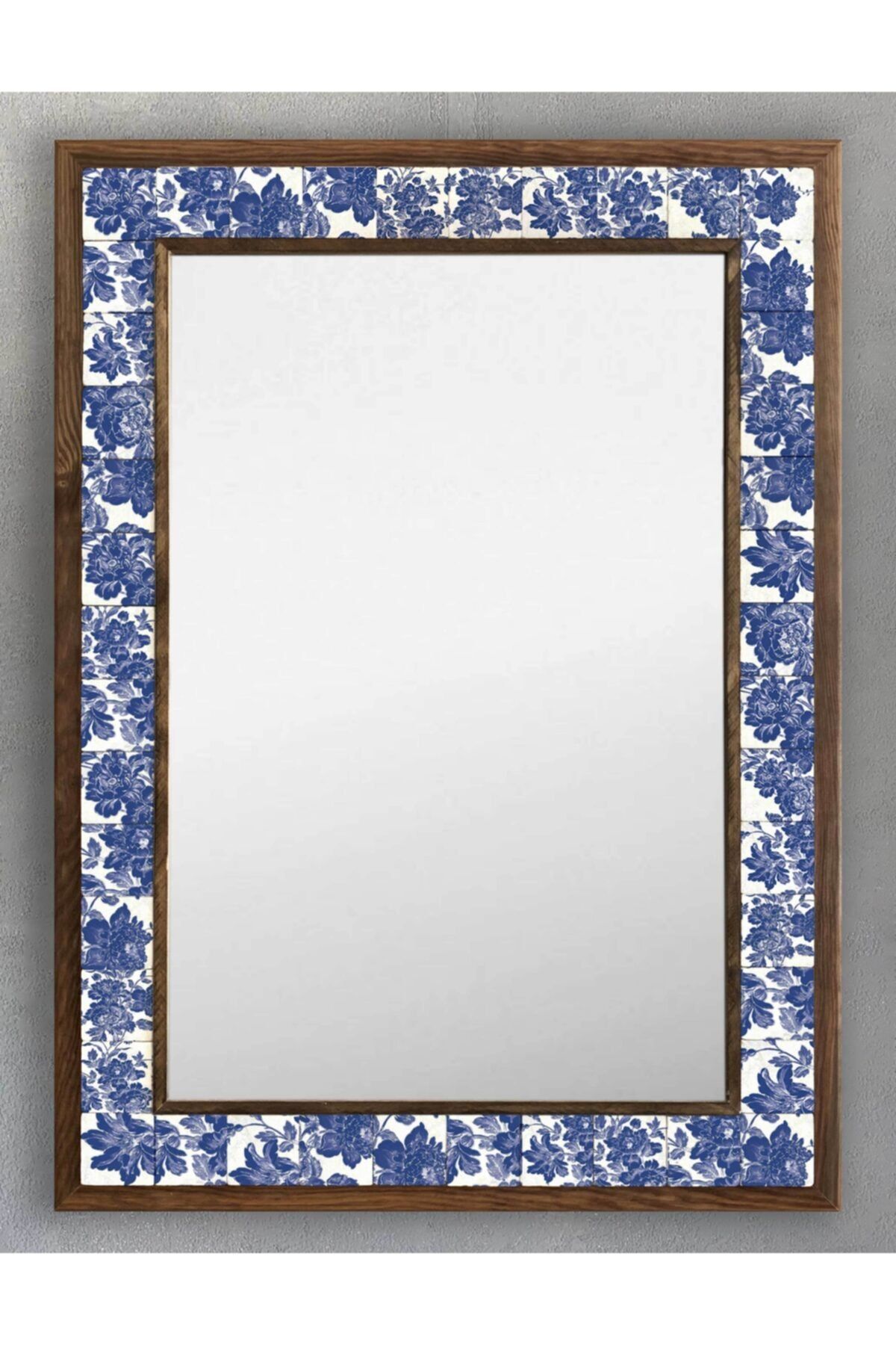 Oscar Stone Decor Ahşap Çerçeveli Mozaik Taş (mermer) Ayna 53x73 Cm Etnik Mavi Çiçek Seramik Desenli