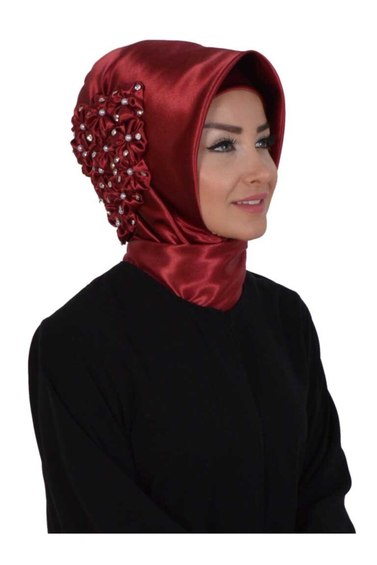 Ayşe Tasarım Taşlı Aksesuarlı Saten Hazır Türban Bordo