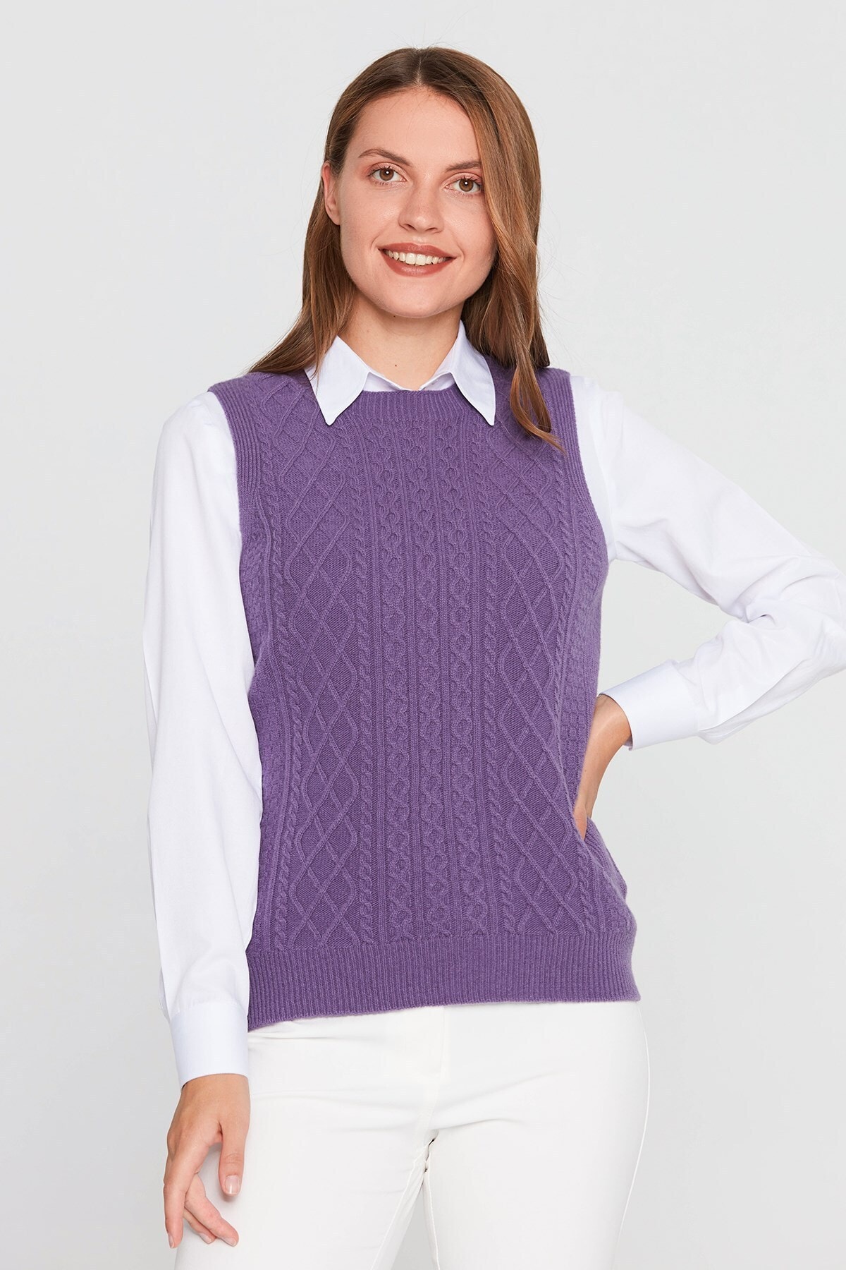 Desen Bisiklet Yaka Örme Mor Bayan Süveter 21221105