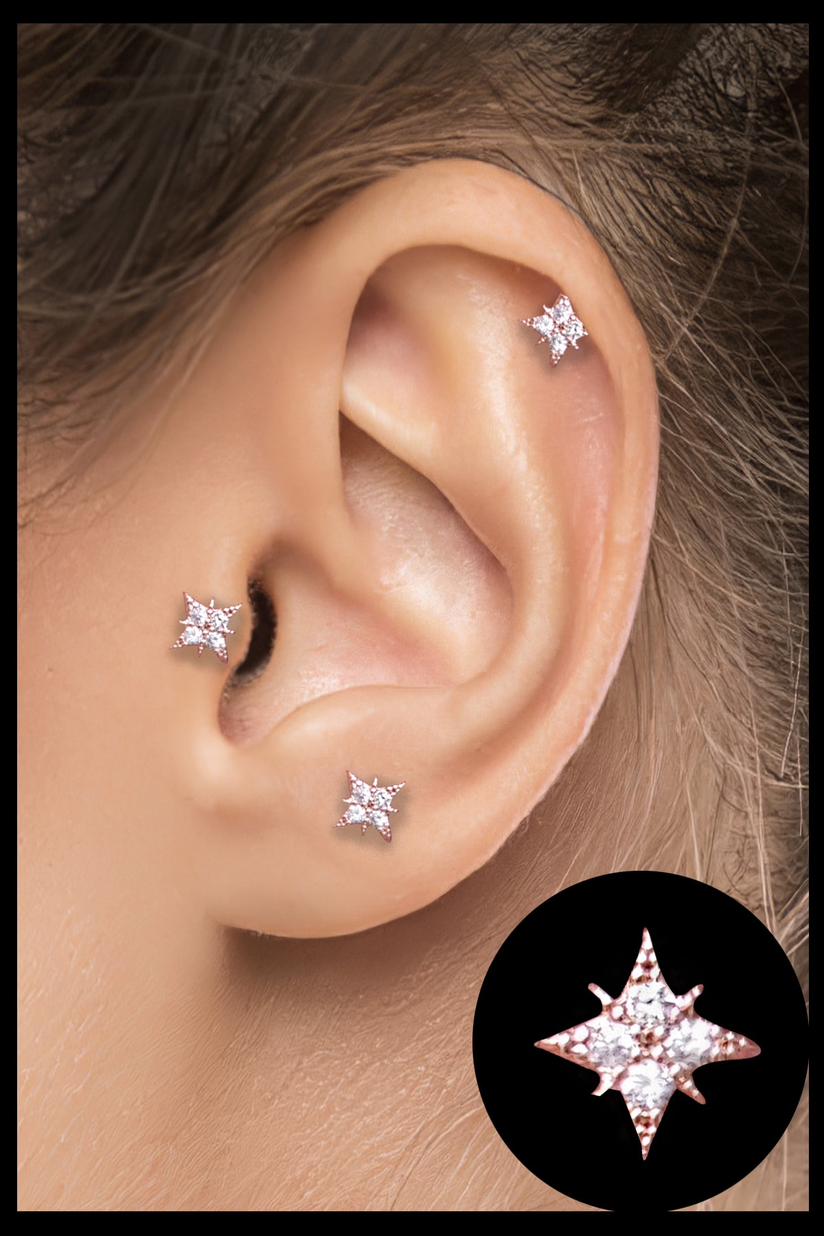 Salyangoz Company Cerrahi Çelik Kıkırdak Helix Tragus Piercing Rose Kutup Yıldızı Figür (1 Adet) Ktprs01