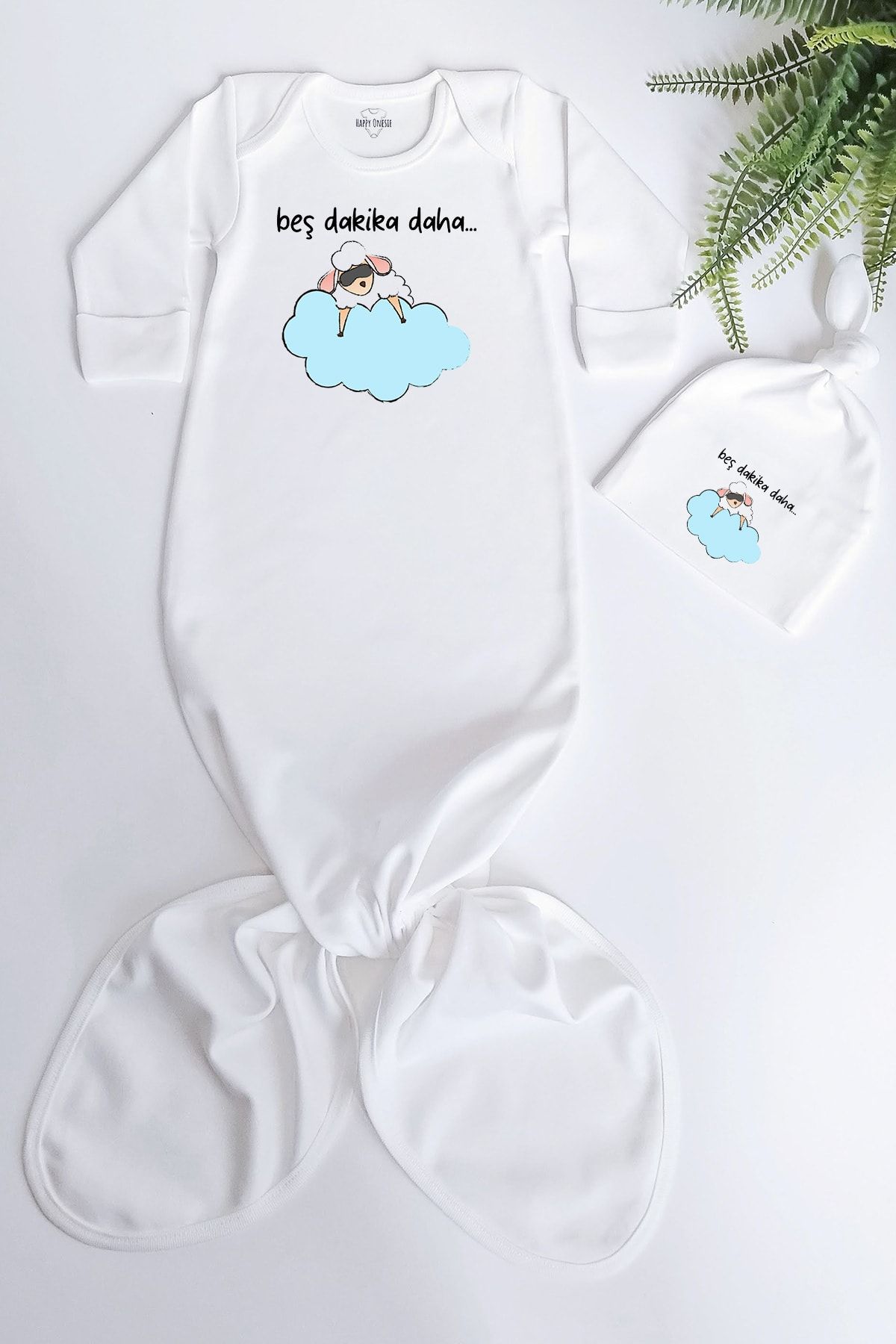 Happy Onesie Co Kuzu Bulut Organik Baskılı Düğümlü Tulum Ve Şapka Takım