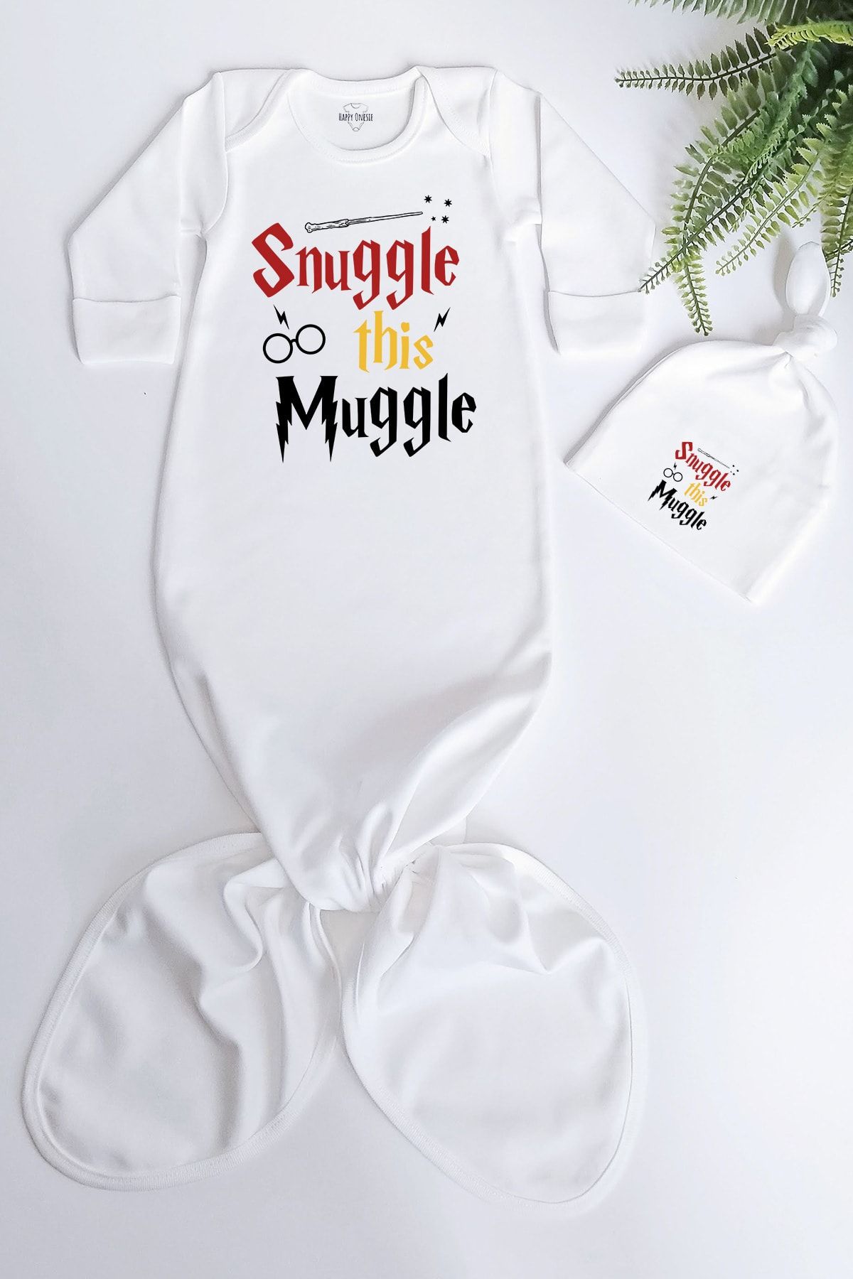 Happy Onesie Co Muggle Organik Baskılı Düğümlü Tulum Ve Şapka Takım