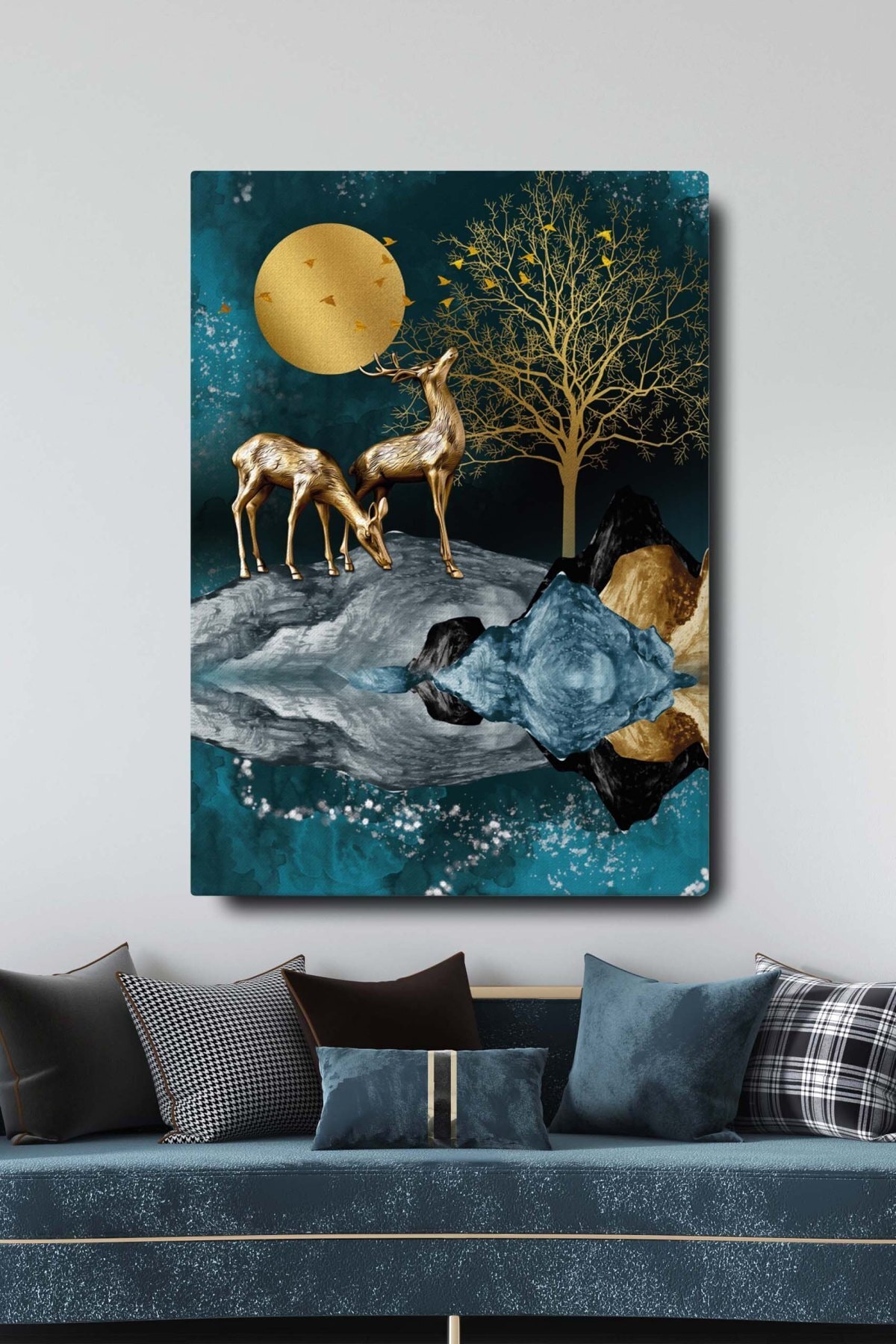 Blok Design Dekoratif Soyut Altın Geyik Ve Ağaç Sürreal Kanvas Duvar Tablosu