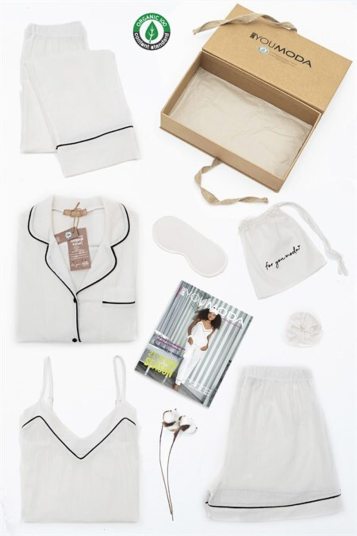FOR YOU MODA Kadın Organik 7 Li Siyah Biyeli Pijama Takımı Ekru