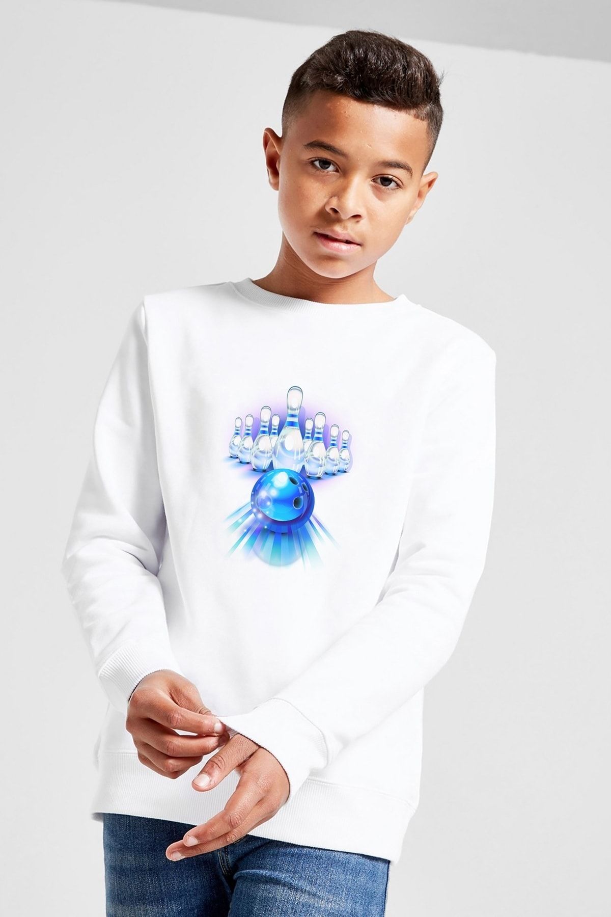 QIVI Unisex Çocuk Beyaz Bowling Topu Baskılı Sweatshirt