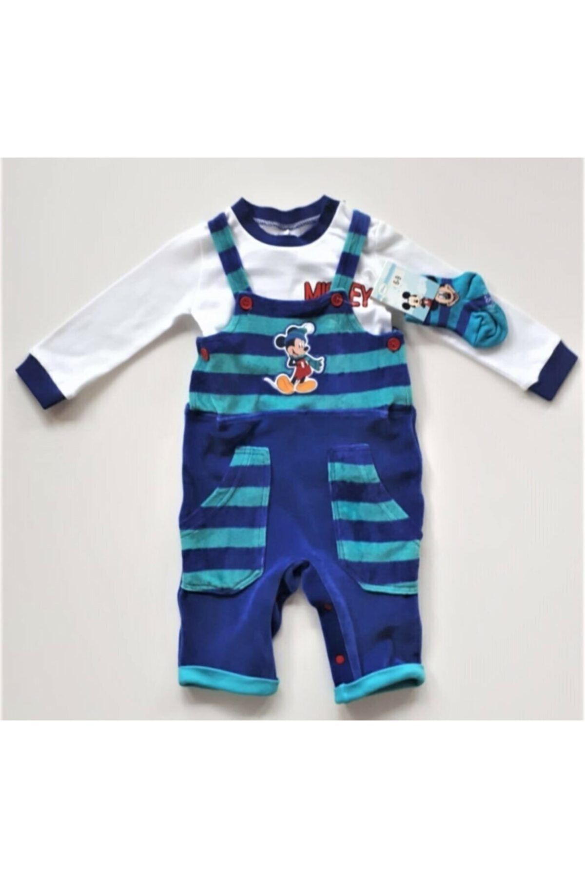 Disney Mickey Mouse Lisanslı Erkek Bebek Kadife Salopet Tulum Çorap Takım