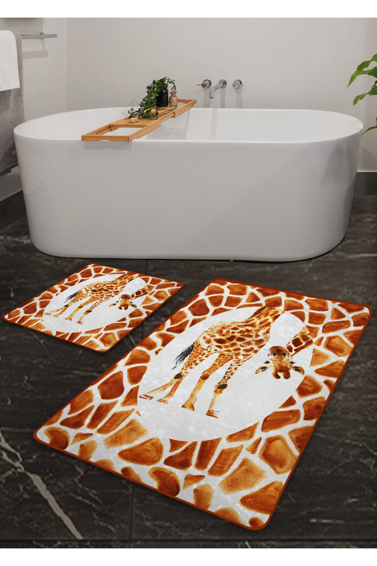 Pilloveland Kaymaz Taban Yıkanabilir 2’li Banyo Paspası - Zürafa Desenli 60*100 Cm - 50*60 Cm