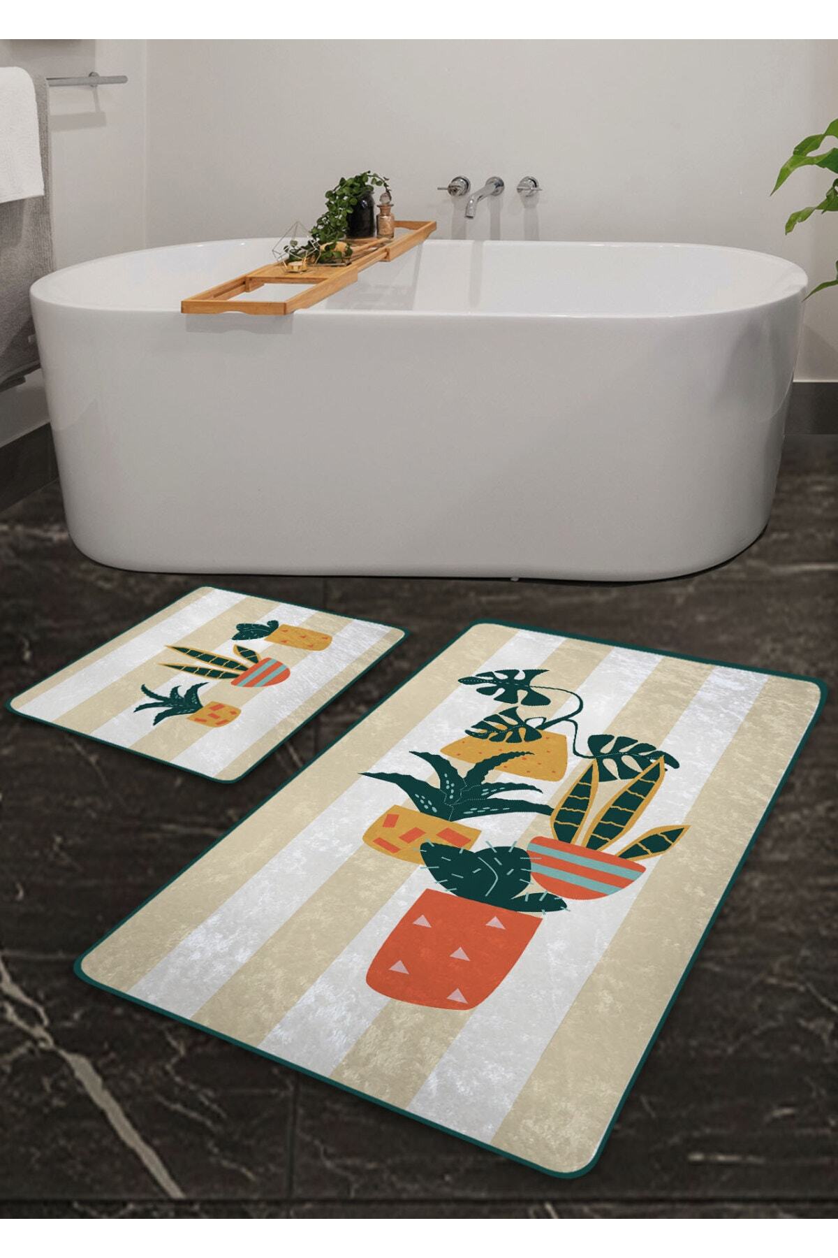 Pilloveland Kaymaz Taban Yıkanabilir 2’li Banyo Paspası - Şerit Kaktüs Desenli 60*100 Cm - 50*60 Cm
