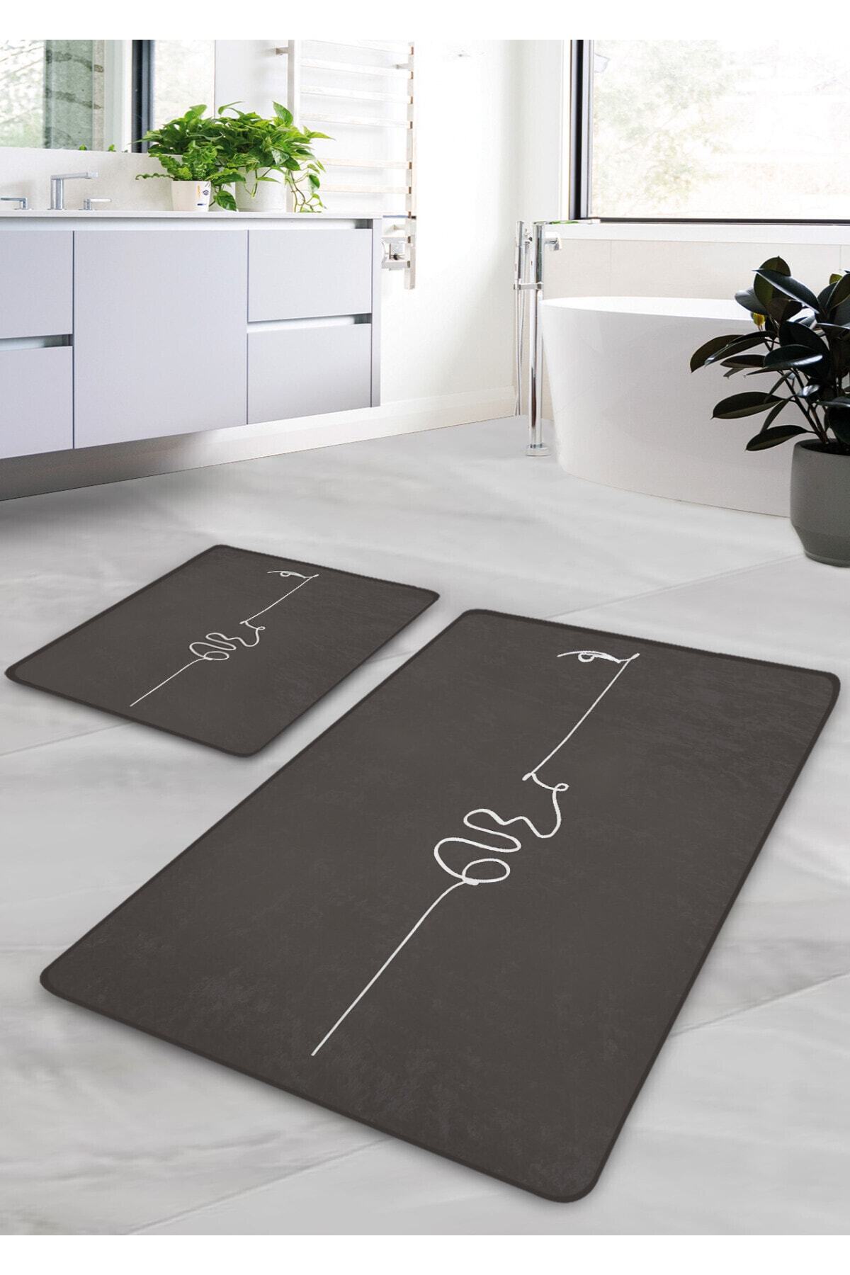 Pilloveland Kaymaz Taban Yıkanabilir 2’li Banyo Paspası - Antrasit Portre Desenli 60*100 Cm - 50*60 Cm
