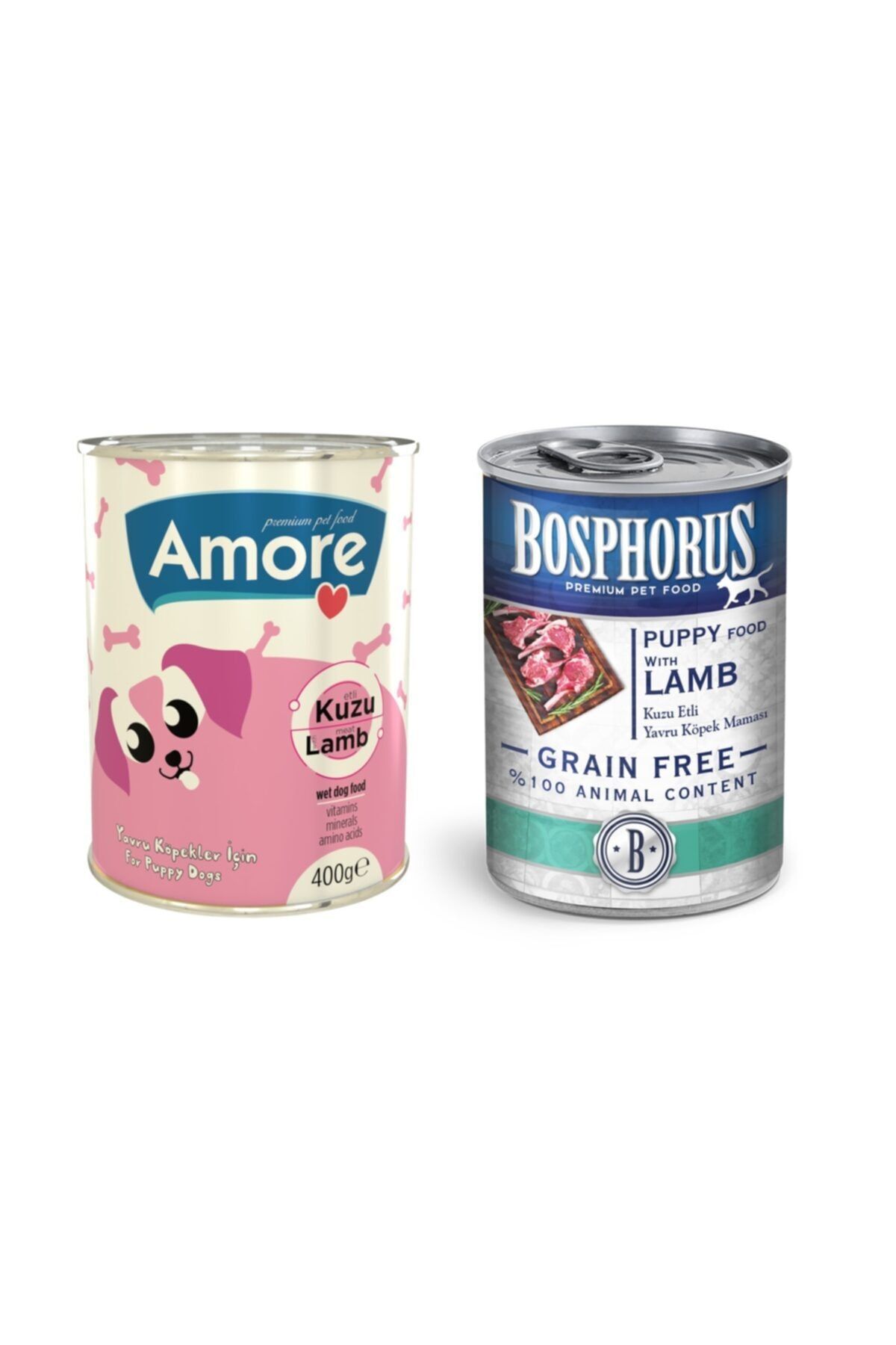 AMORE Puppy Chunks Kuzu Parça Etli 3x400gr + Bosphorus Puppy Kuzu Etli Konserve 3x415gr