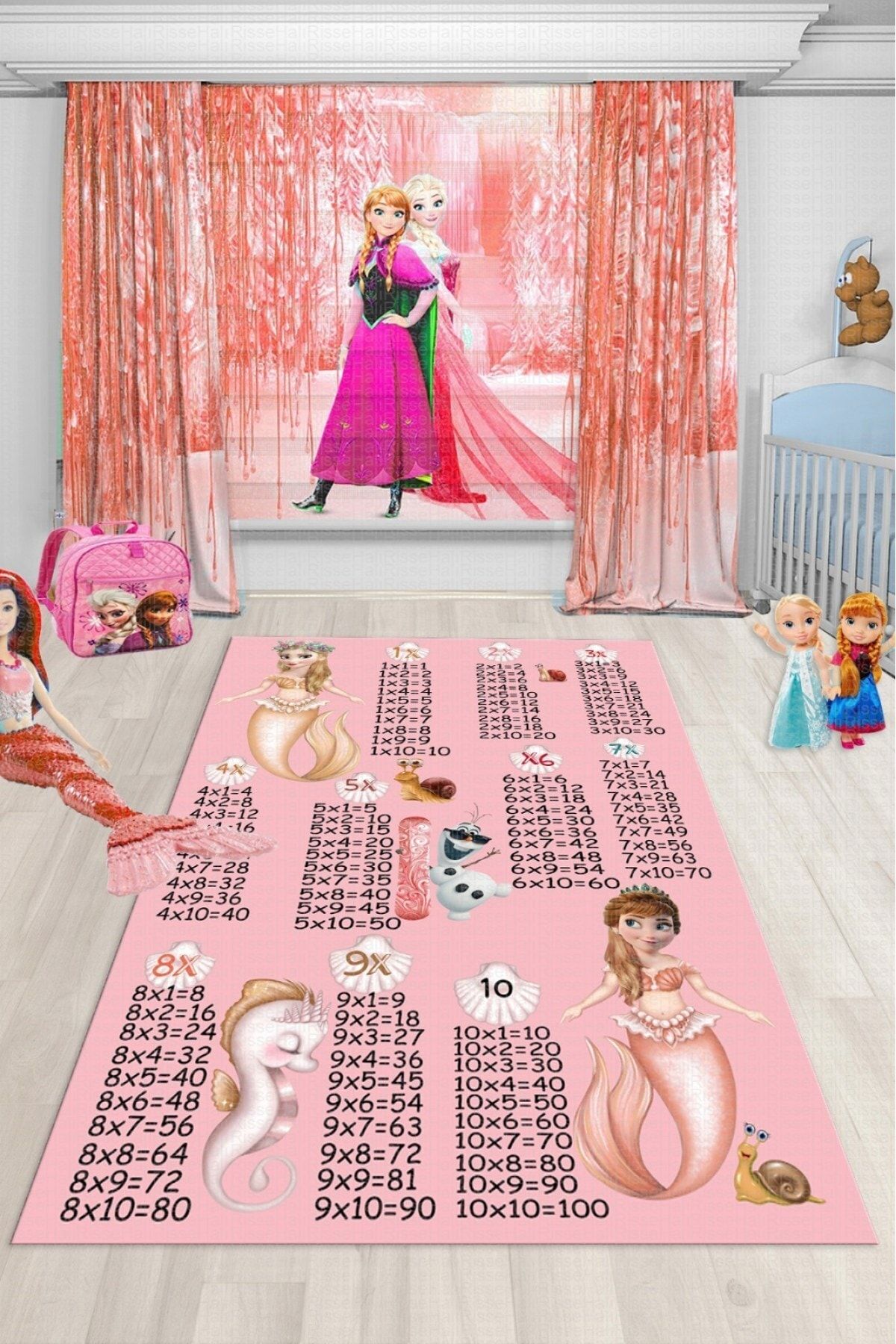 sürmeli Dijital Baskılı Kaymaz Taban Elsa Ve Anna Desenli Pembe Çarpım Tablosu Çocuk Halısı