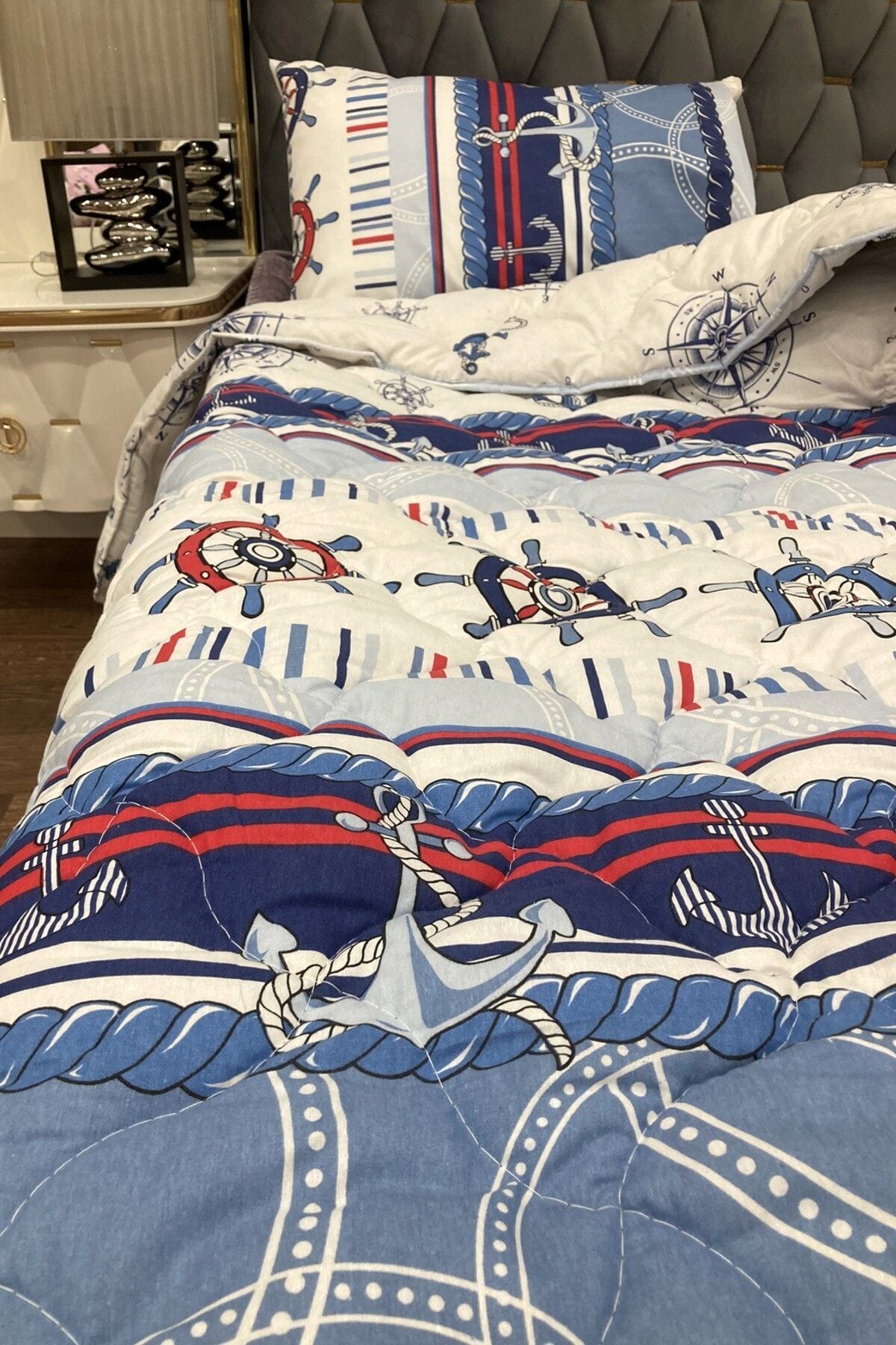 Örtü Tekstil Denizci Yorgan+yastık Kılıfı Lüks Ranforce Kumaş Tek Kişilik 165x215 Yapay Yün Yorgan