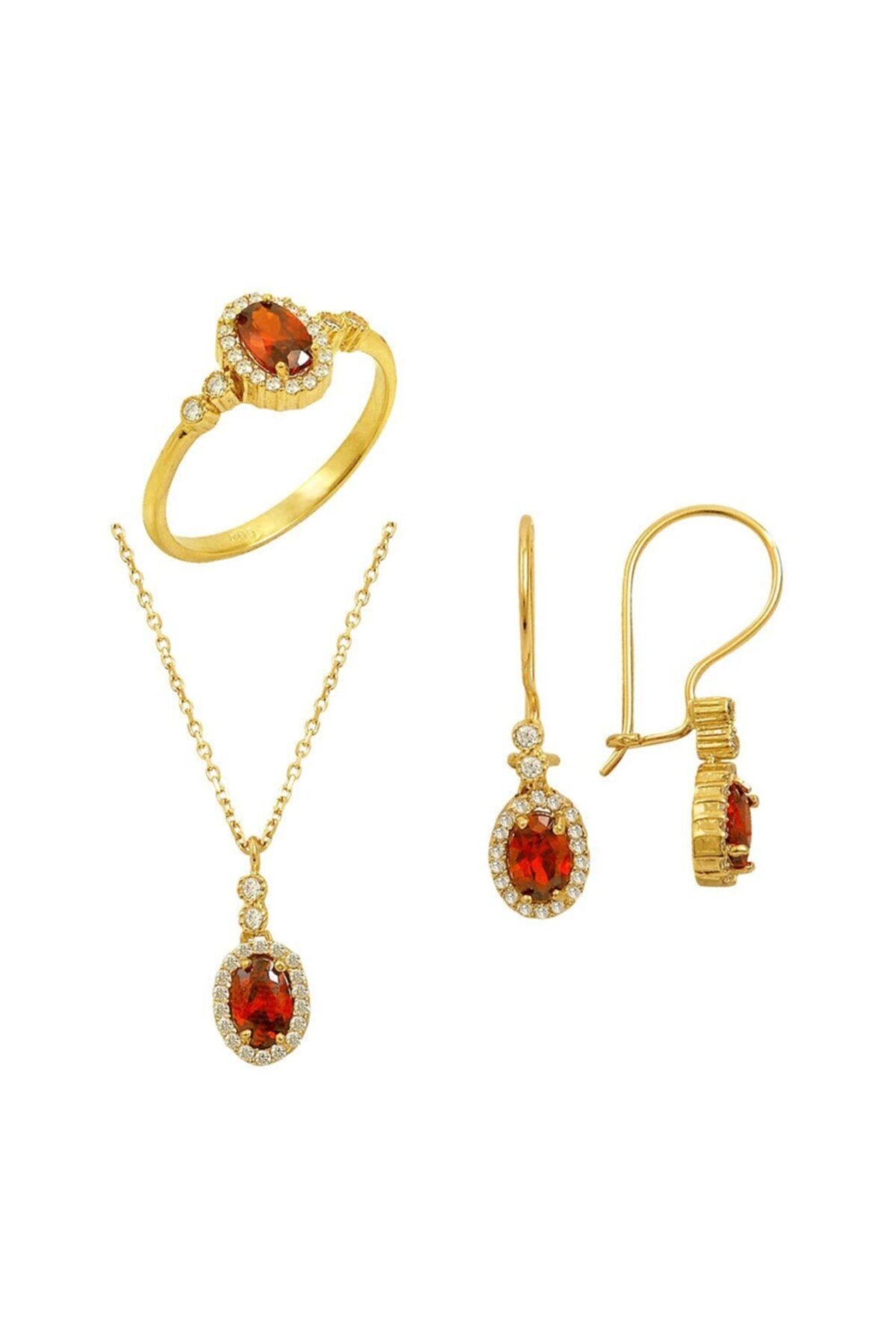 Altınbeyi Garnet Taşlı Altın Üçlü Set