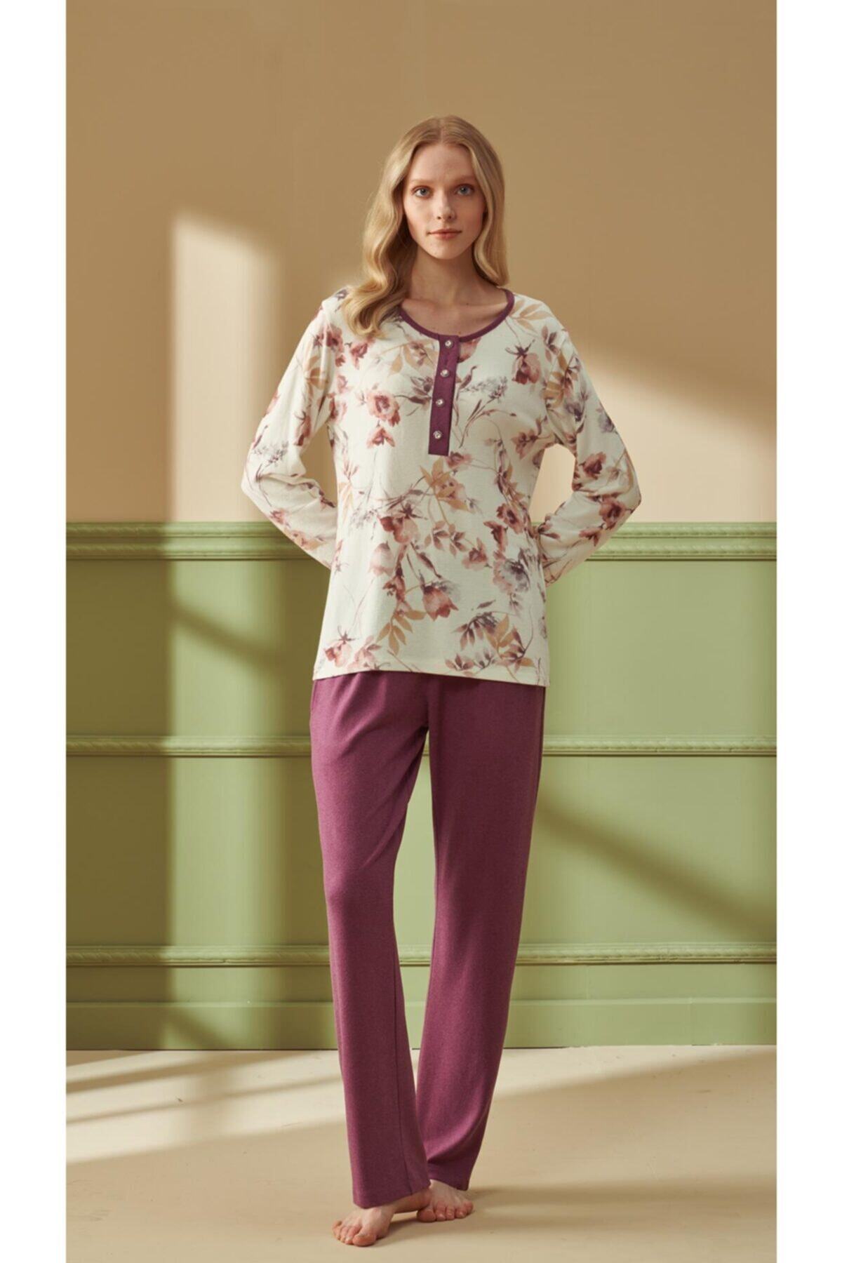 Feyza 4298 Kadın Büyük Beden Uzun Kol Mor Pijama Takımı