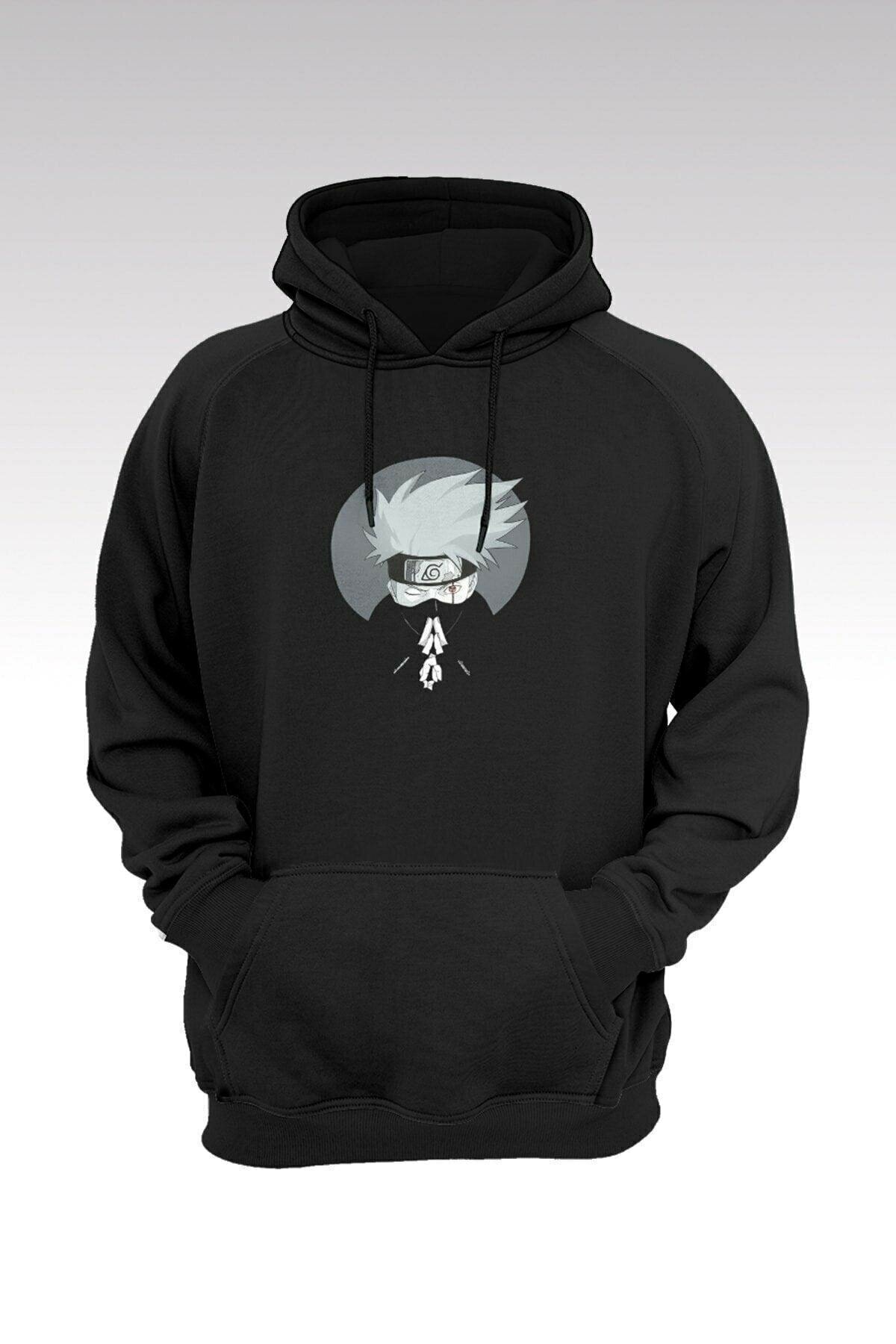 blackjack giyim Blackjackgiyim Siyah Kapşonlu Gögüs Baskılı Naruto Sweatshirt