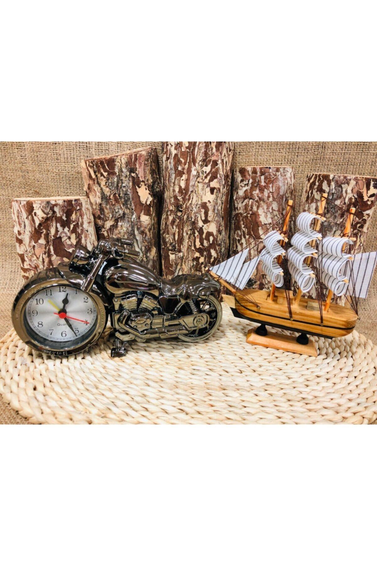 YEŞİL ELMA HEDİYELİK Dekoratif Ofis Aksesuarı 2 Li Set Ahşap Gemi Maketi Motor Şeklinde Saat Işyeri Ofis Hediyesi