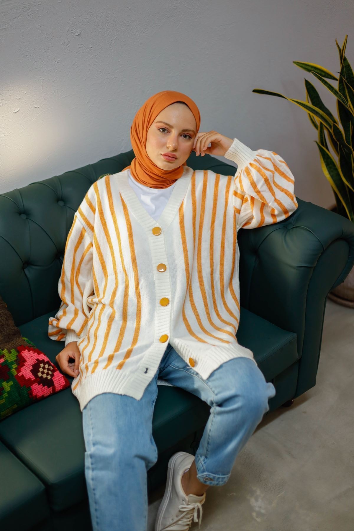 ELBİCA 30286 Çizgili Düğmeli Hırka Oranj