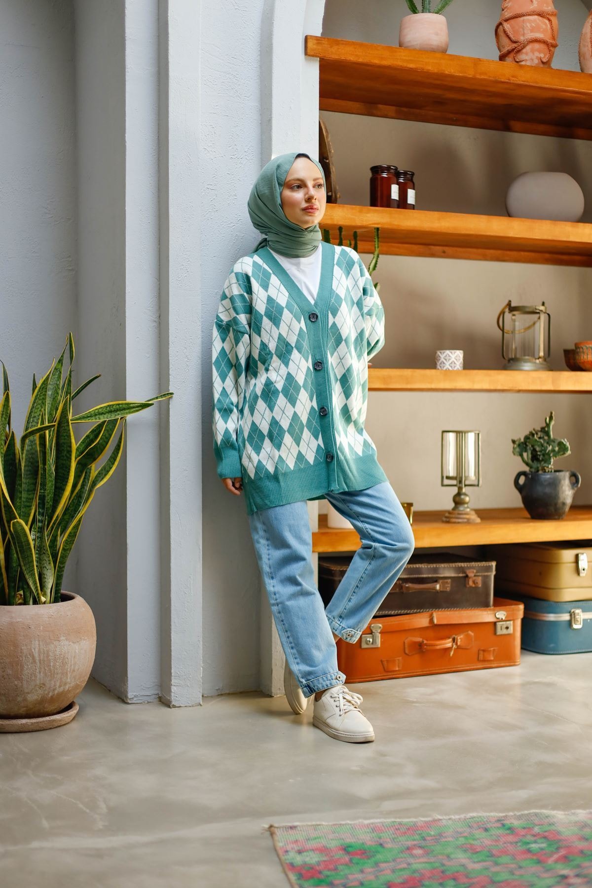 ELBİCA 93038 Baklava Desenli Hırka Su Yeşili