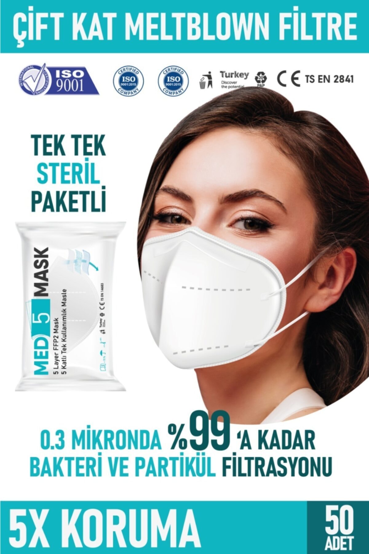 MED5MASK Ffp2 Ventilsiz Koruyucu Solunum Maskesi 50 Adet