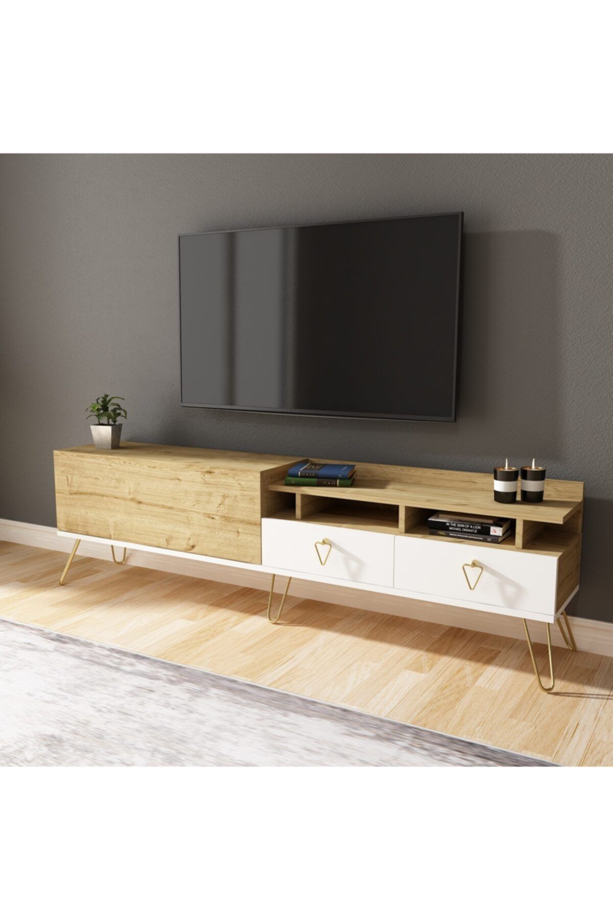 ARNETTİ Royal Tv Sehpası Beyaz-safirmeşe 50x180x31,6cm Dolaplı Ve Raflı Kolay Kurulum