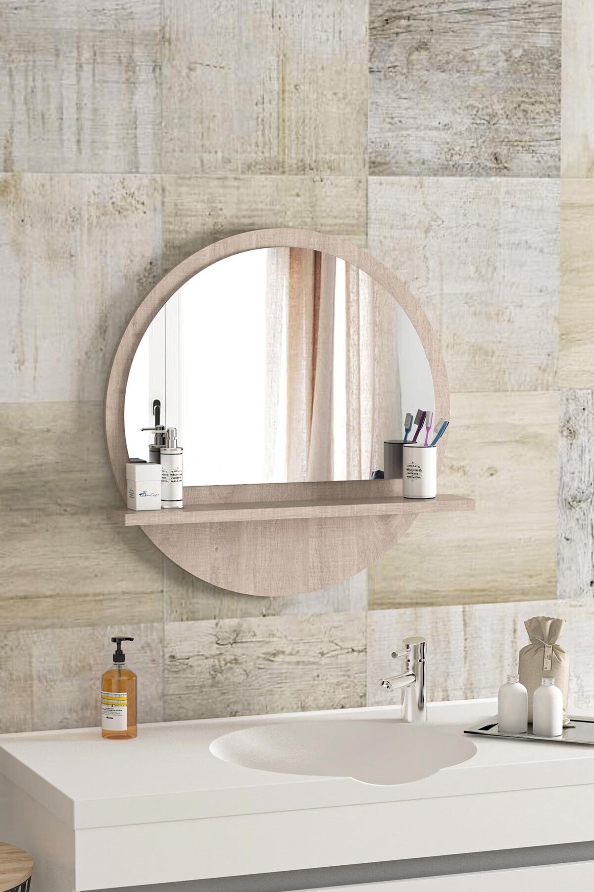 bluecape Yuvarlak Raflı Ayna 45cm Lizbon Dresuar Hol Koridor Duvar Salon Banyo Wc Ofis Çocuk Yatak Odası Boy